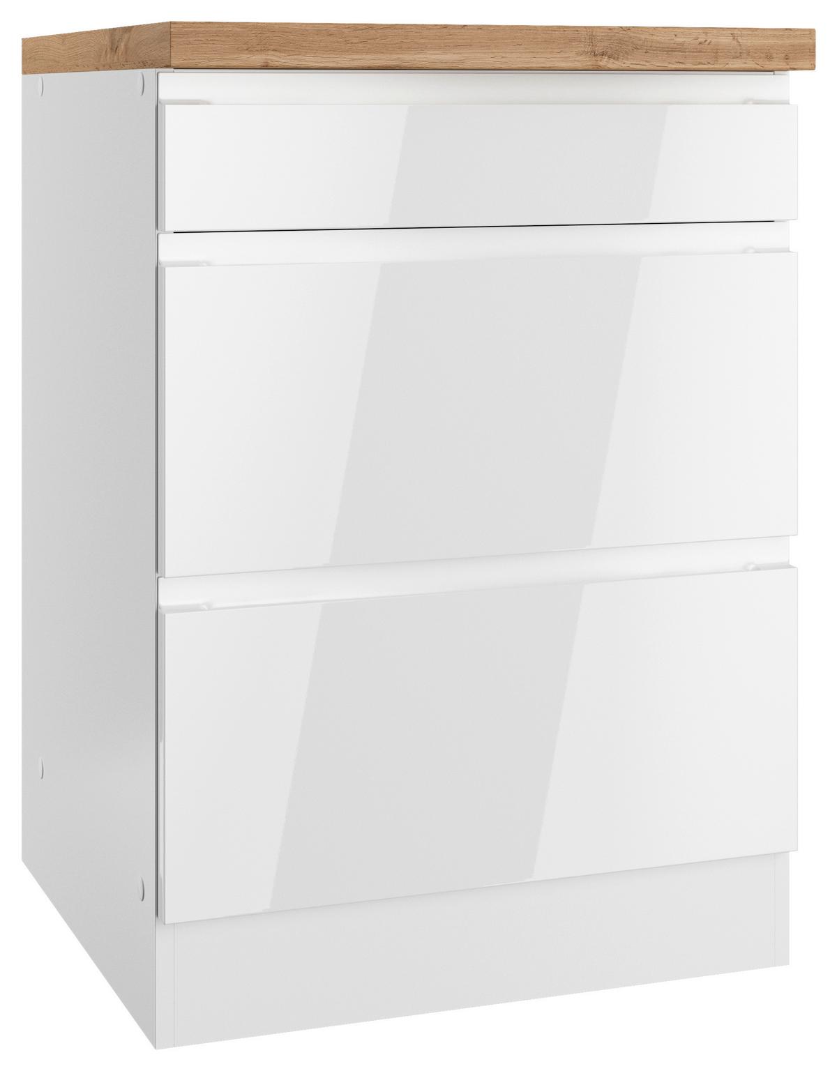 Küchenunterschrank Monza B: 60 cm Weiß/Eiche Dekor - Weiß Hochglanz/Eiche Wotan, LIFESTYLE, Holzwerkstoff (60/86/60cm) - Held