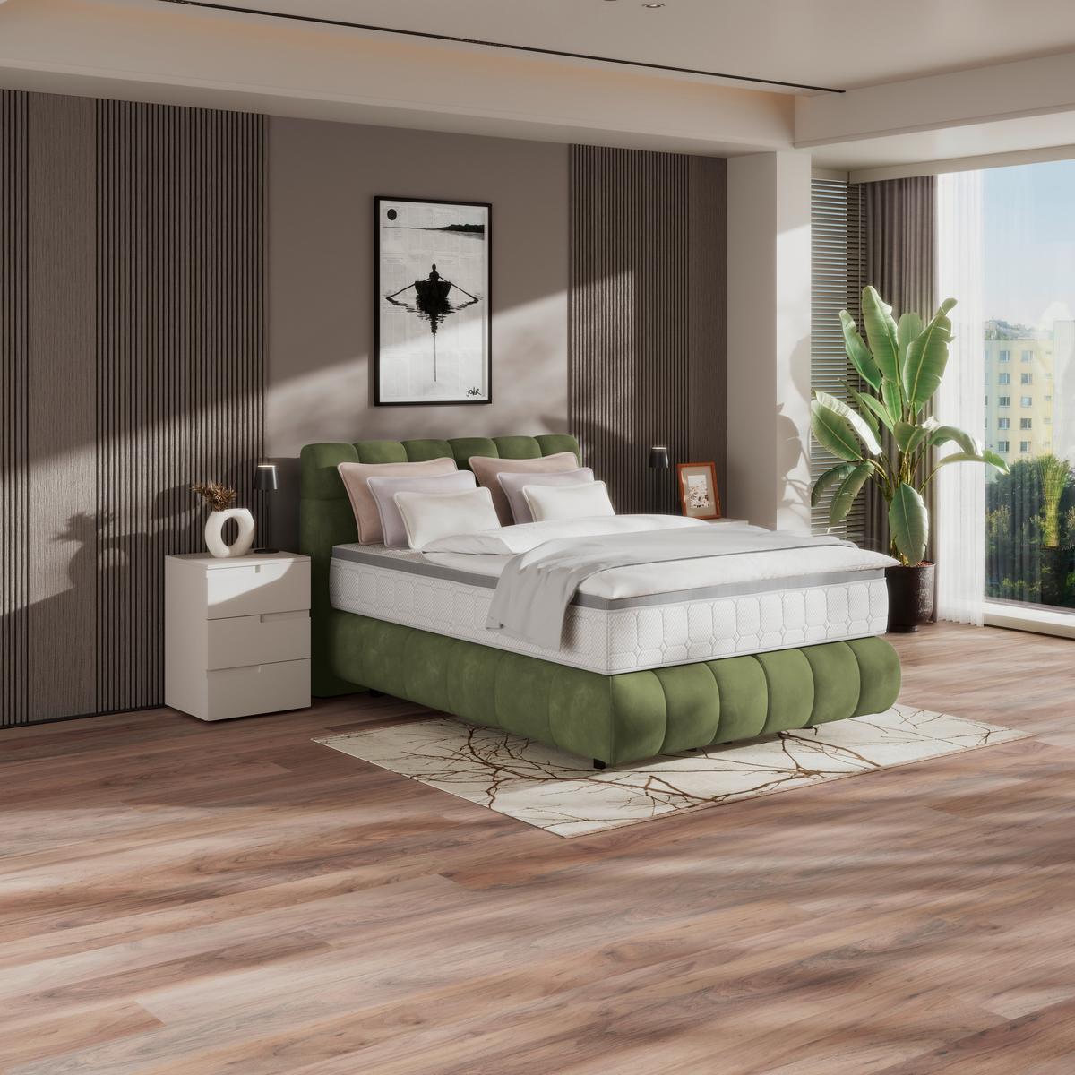 Boxspringbett Nobu Dunkelgrün, Lf: 140x200 Cm - Dunkelgrün/Schwarz, Trend, Holz/Textil (140/200cm)