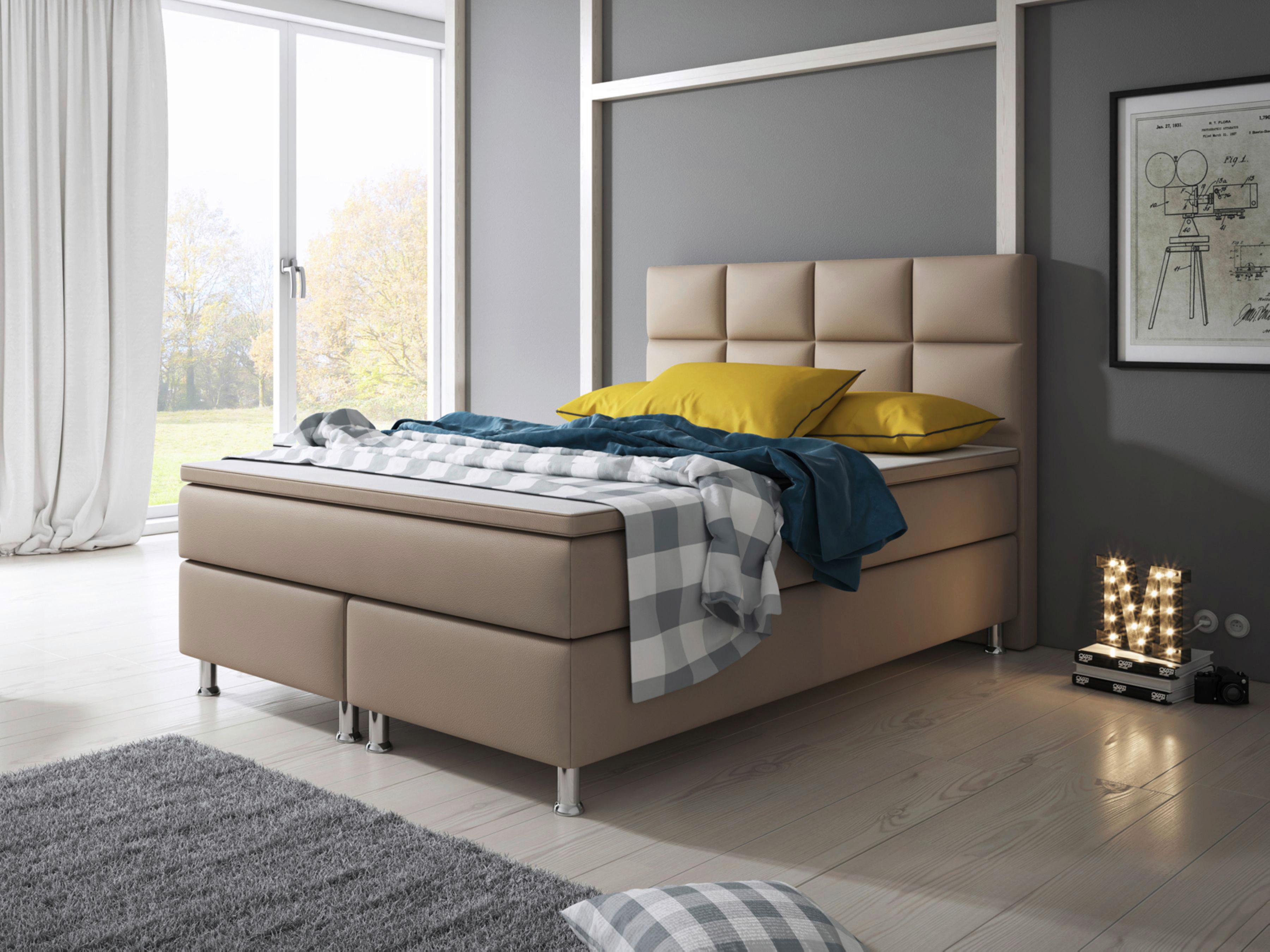 Boxspringbett Mit Topper Lederlook 140x210 Miami - Silberfarben/Cappuccino, KONVENTIONELL, Leder/Textil (140/115/210cm) - MID.YOU