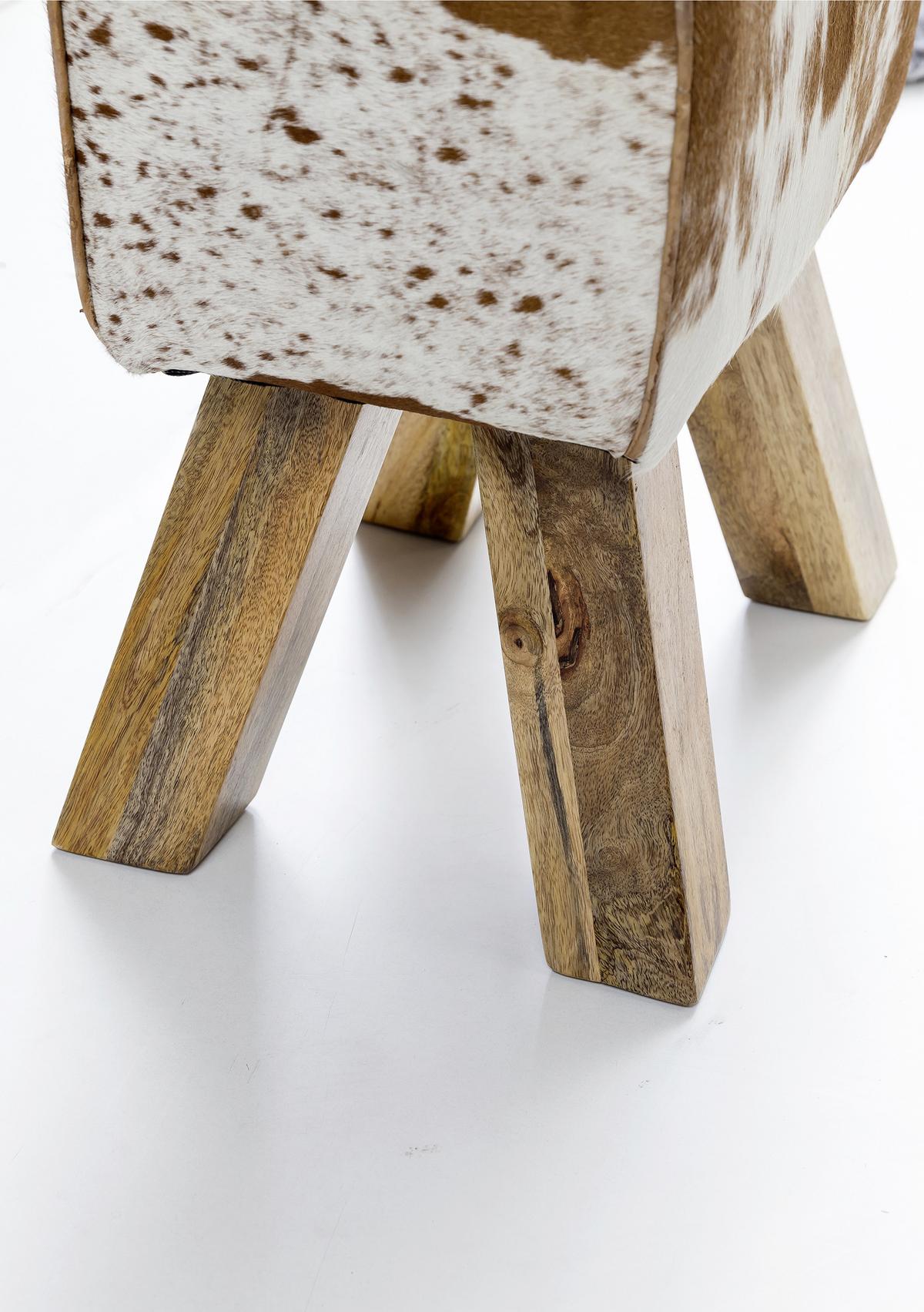 Taburetka hocker pravá koža/drevo - hnedá/biela, Natur, drevo/kožušina (40/47/30cm) - MID.YOU