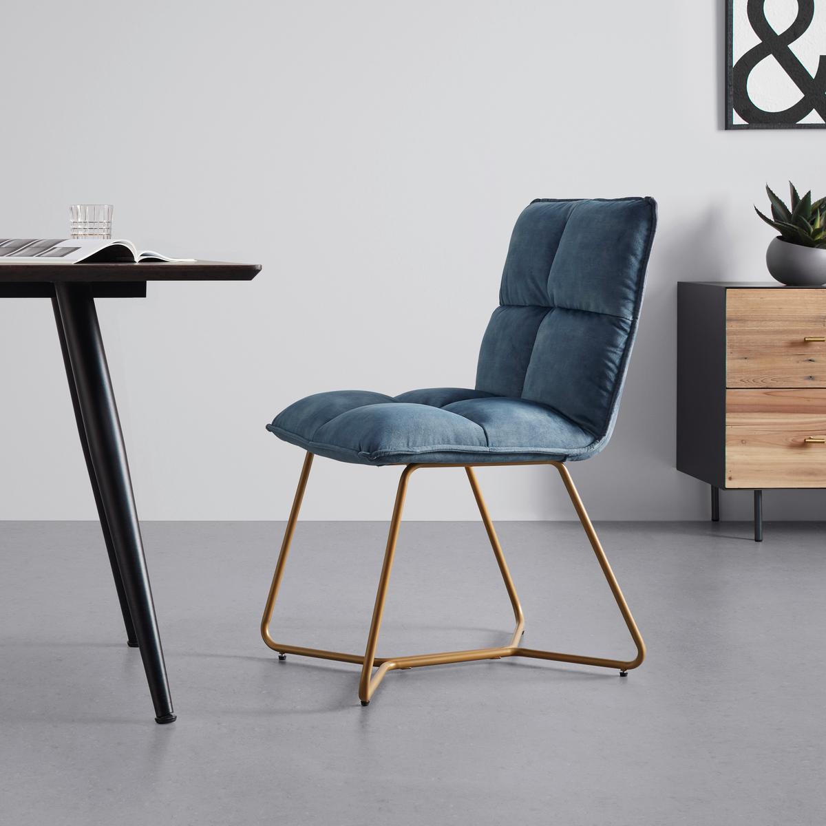 Židle ze sametu Fonia - modrá - modrá/barvy zlata, Moderní, kov/dřevo (49/85,5/57,5cm) - Bessagi Home