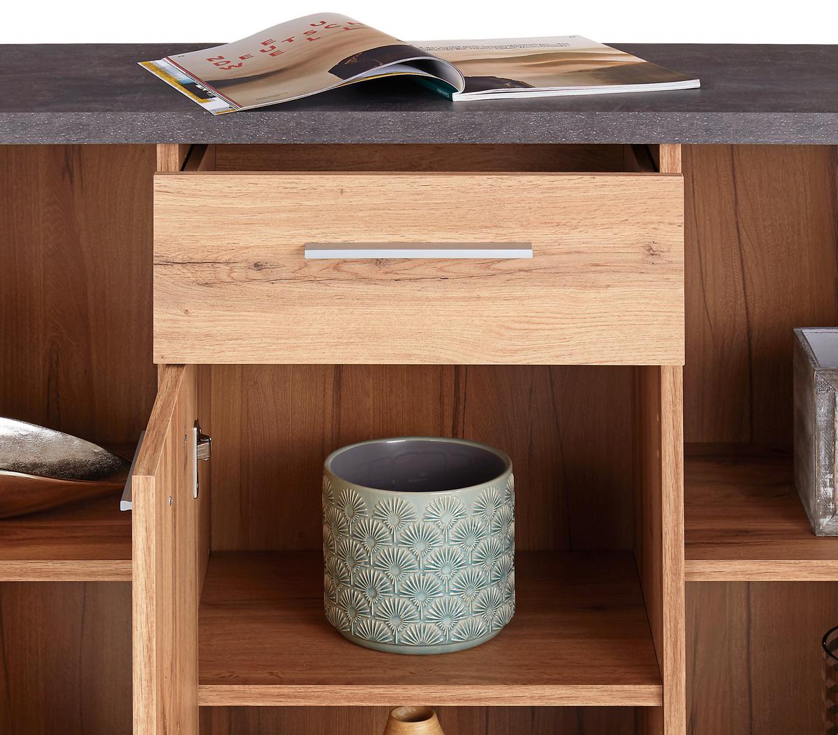 Kommode B 132cm Fontana, Beton Optik/wotan Eiche Dekor - Eichefarben/Dunkelgrau, MODERN, Holzwerkstoff (132/87/40cm)