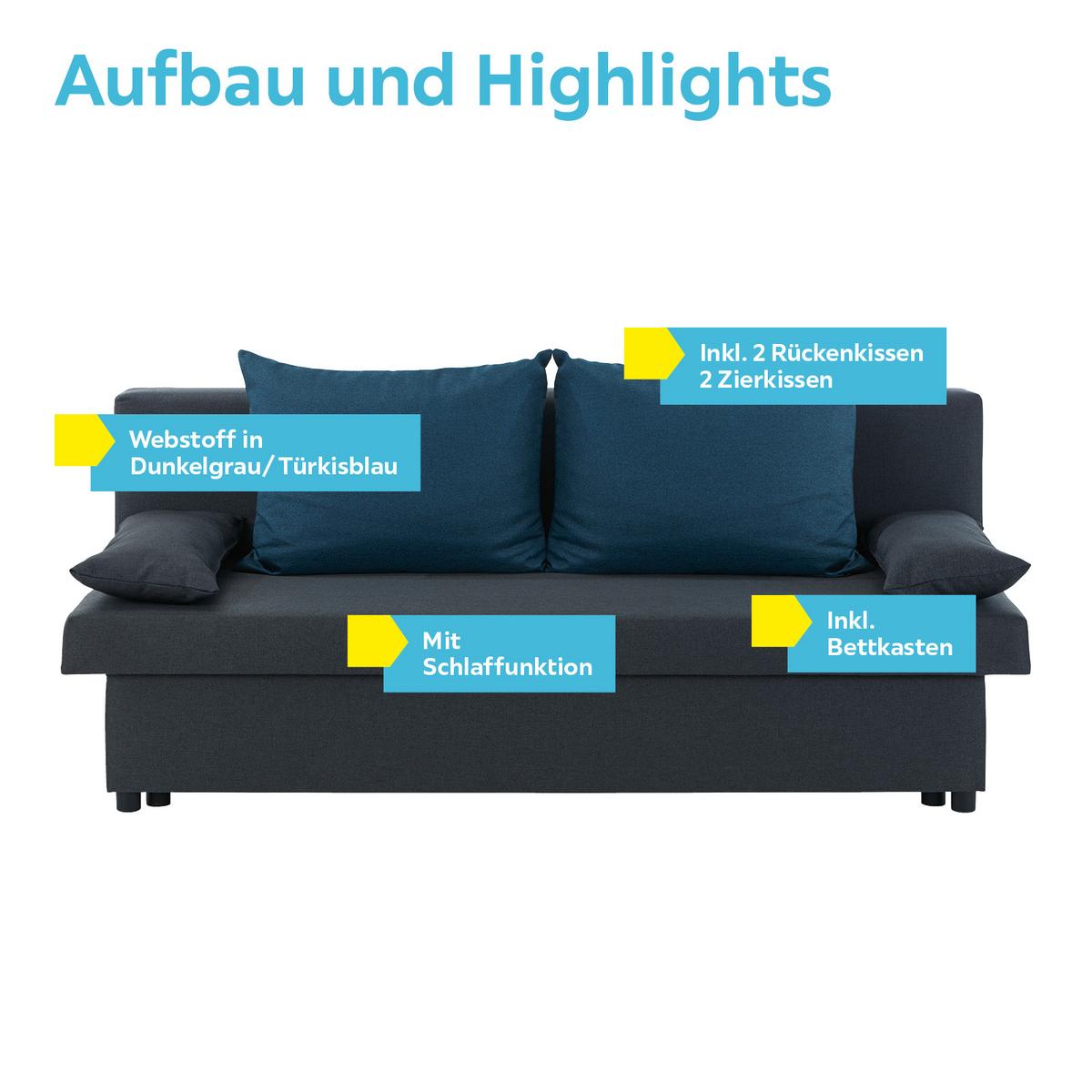 2-sitzer-sofa M Schlaffunktion Neo Dunkelgrau B: 192 Cm - Blau/Dunkelgrau, Basics, Karton/Holz (192/82cm)