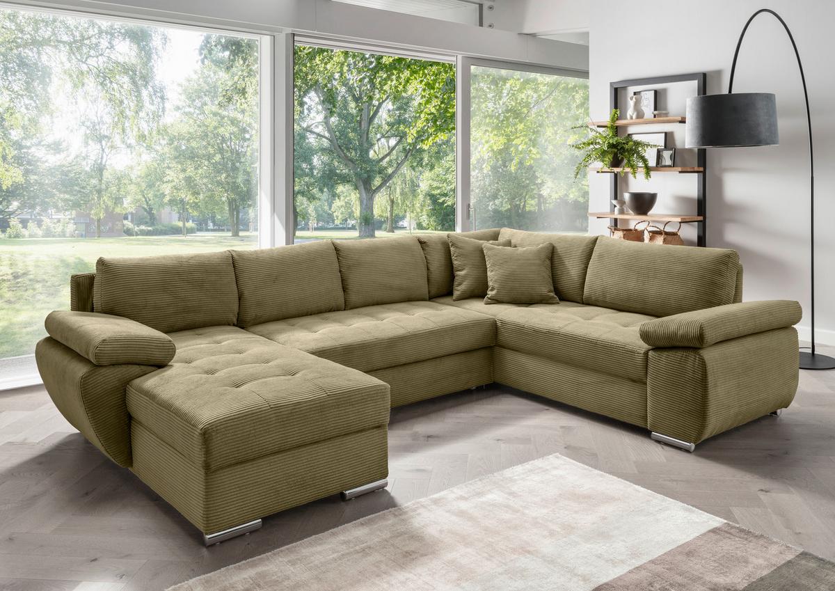 Wohnlandschaft Terana mit Schlaffunktion, Olivgrün - Chromfarben/Olivgrün, KONVENTIONELL, Textil (157/305/219cm) - Livetastic