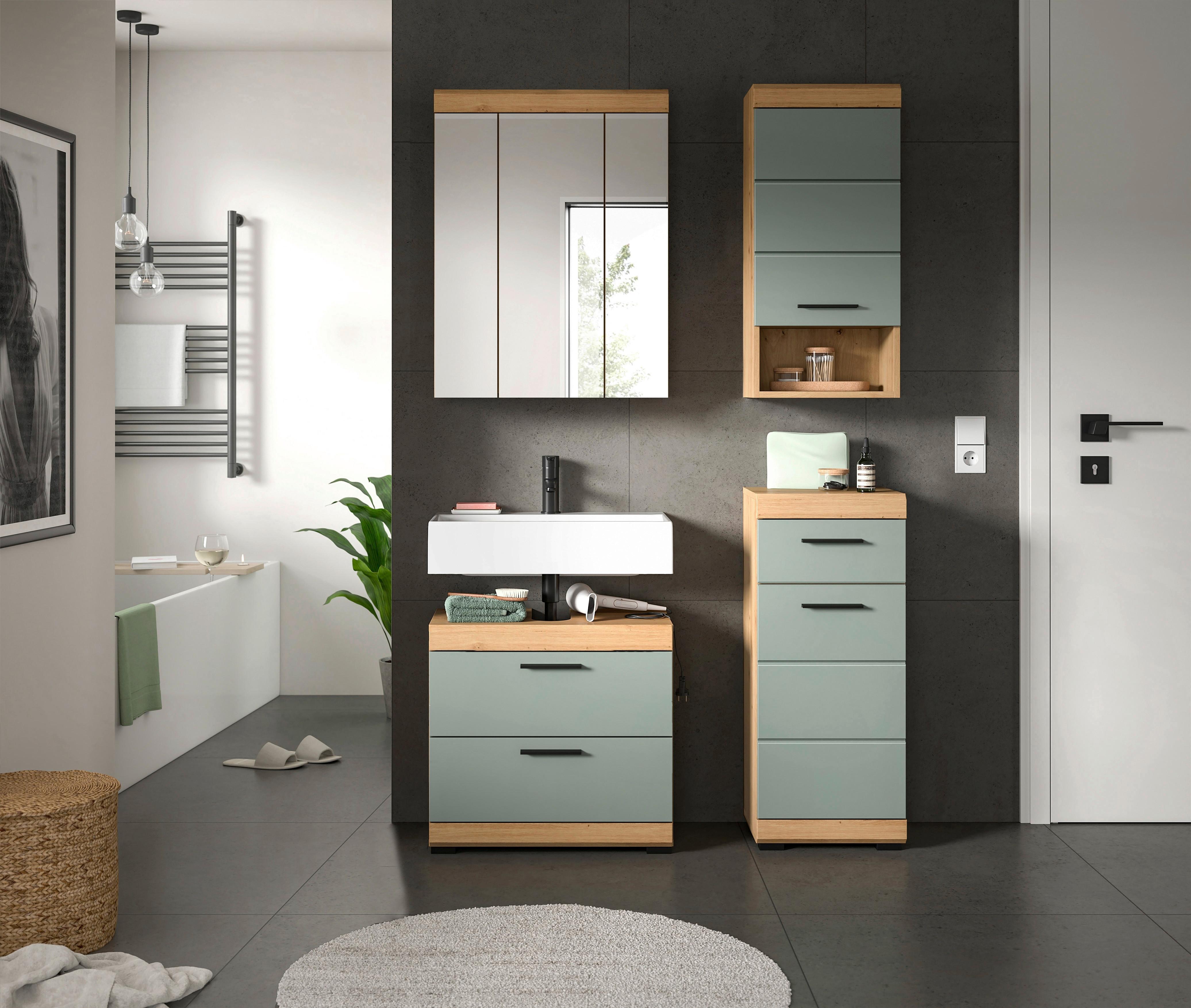 Badezimmer Scout Salbeigrün/eiche D. B: 97 Cm - Salbeigrün/Schwarz, MODERN, Glas/Holzwerkstoff (97cm) - MID.YOU