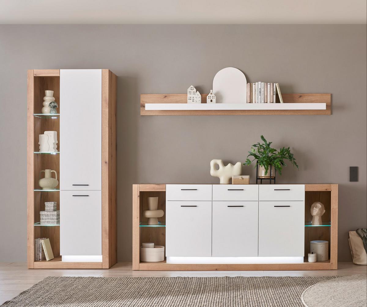 Wohnwand Brixen Weiß/Eichefarben B: 298cm - Eichefarben/Weiß, Design, Glas/Holzwerkstoff (298/195/43cm) - MID.YOU