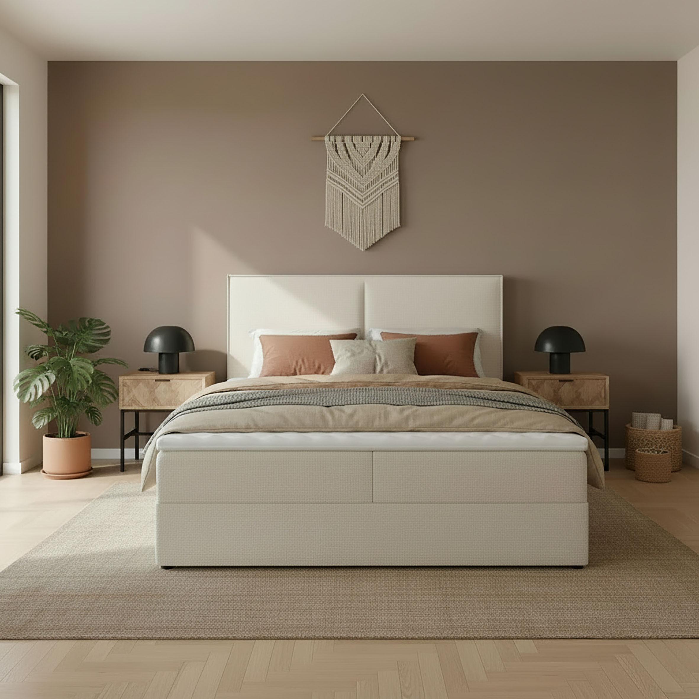 Boxspringová posteľ IMOLA 140x200, krémová - čierna/krémová, Modern, drevo/textil (140/200cm) - Bessagi Home