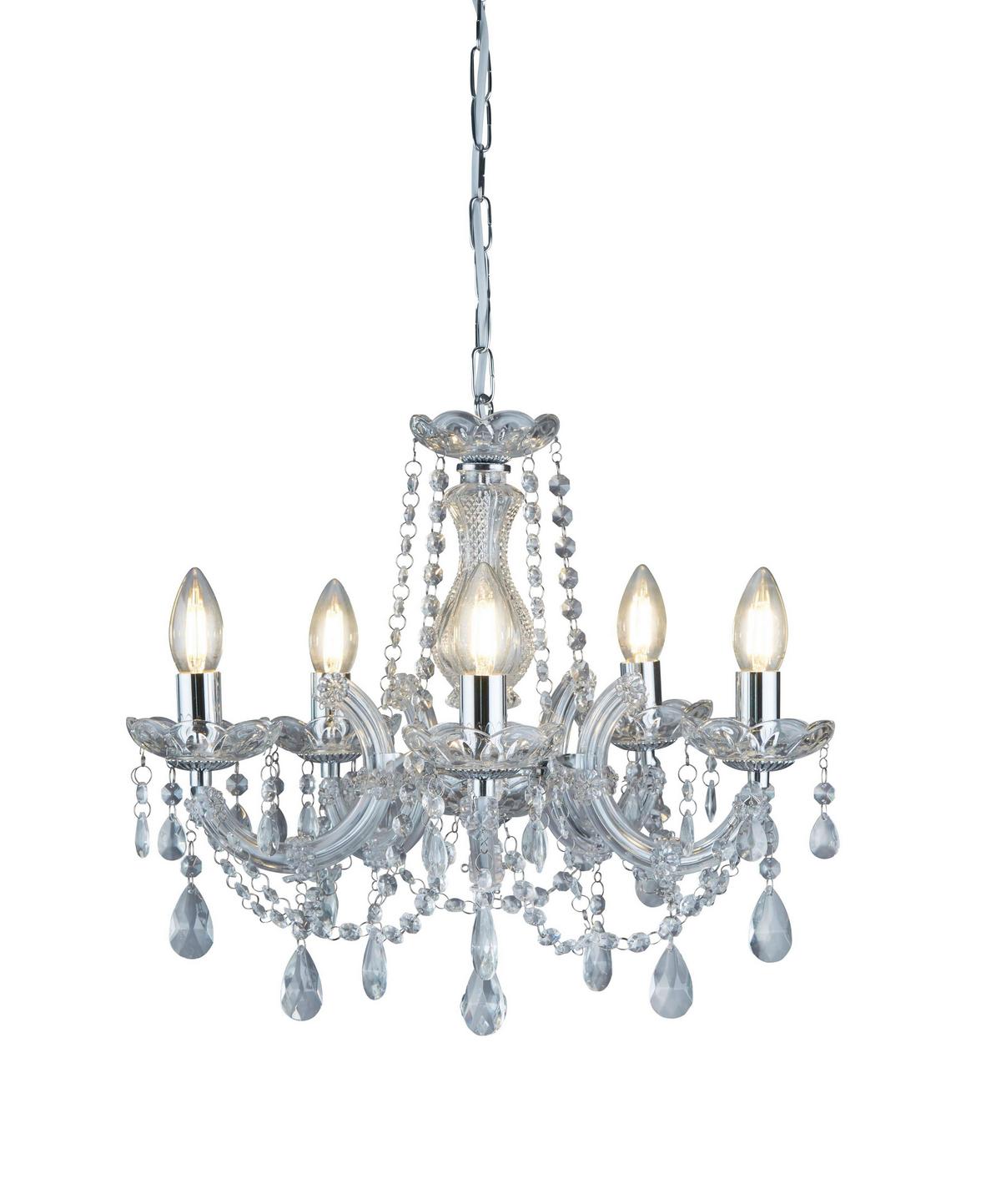 Kronleuchter 5-flammig, Chromfarben, Metall, Dimmbar - Chromfarben, KONVENTIONELL, Glas/Kunststoff (48/120cm)