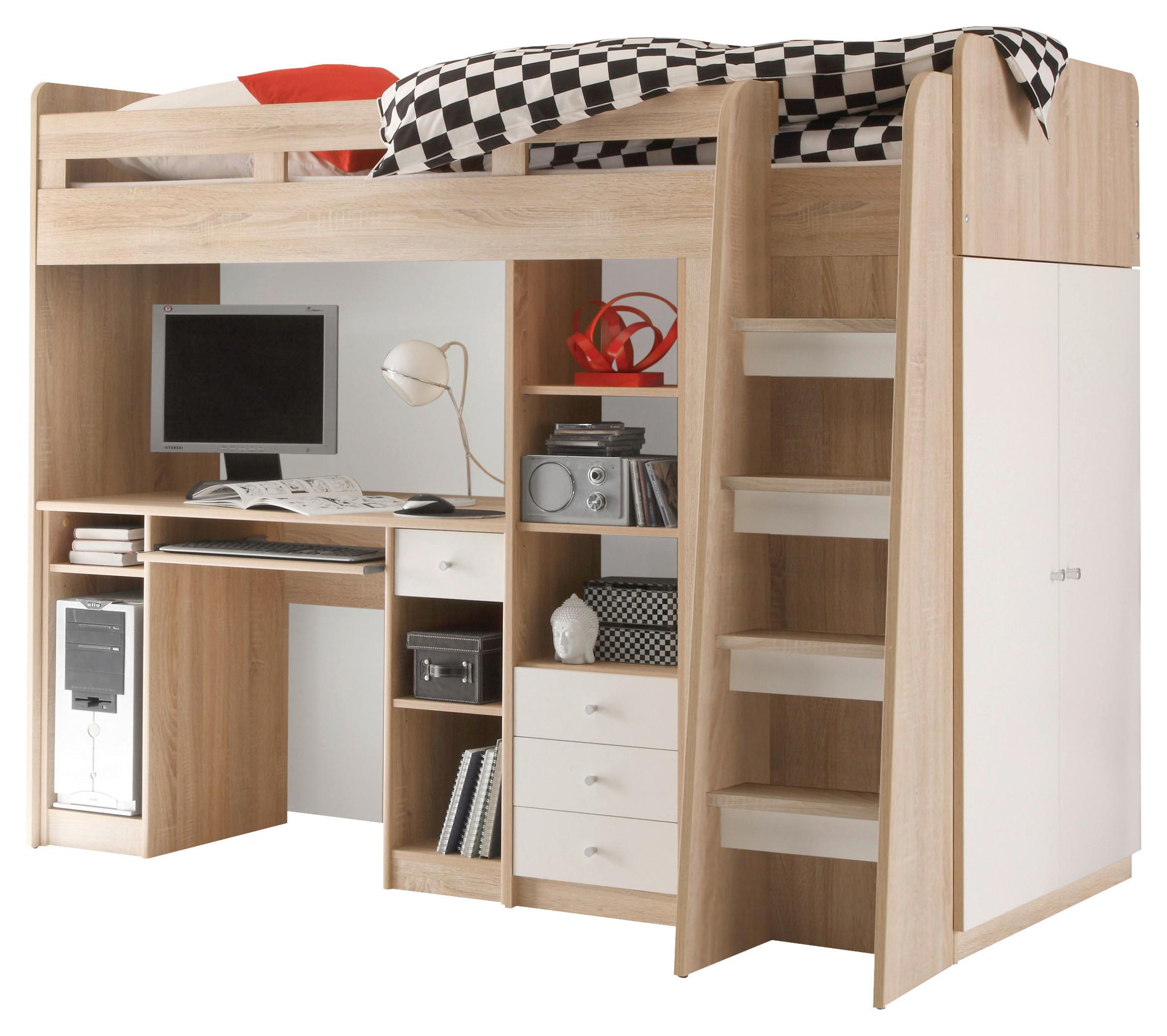 Hochbett Unit Weiß/Eiche Dekor 90 cm mit Stauraum - Eichefarben/Weiß, MODERN, Holzwerkstoff (90/200cm) - MID.YOU