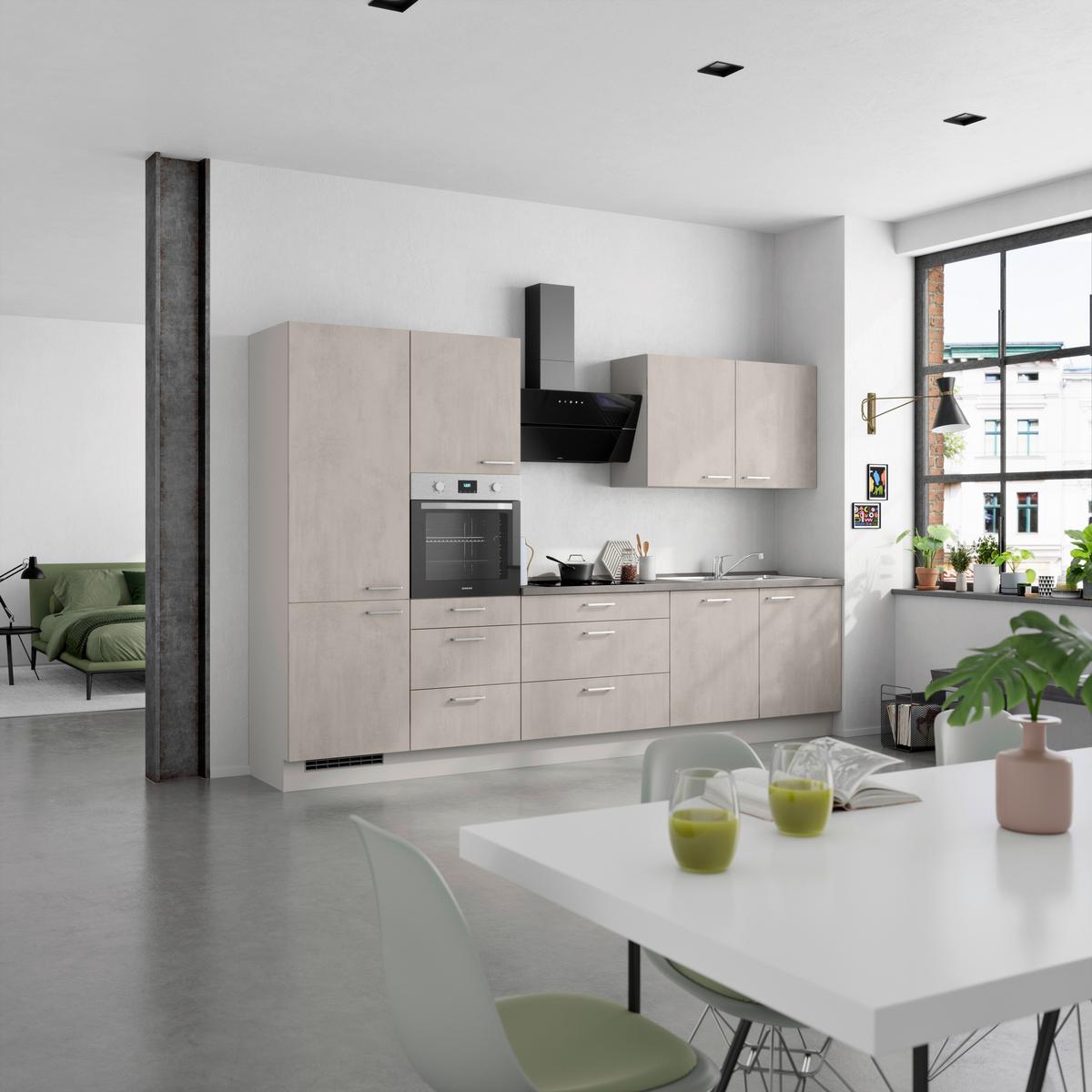 Kuchynská linka 330 cm, šedý betón/ kamenná šedá - sivá/farba ušľachtilej ocele, Modern, kov/kompozitné drevo (330cm) - Nobilia