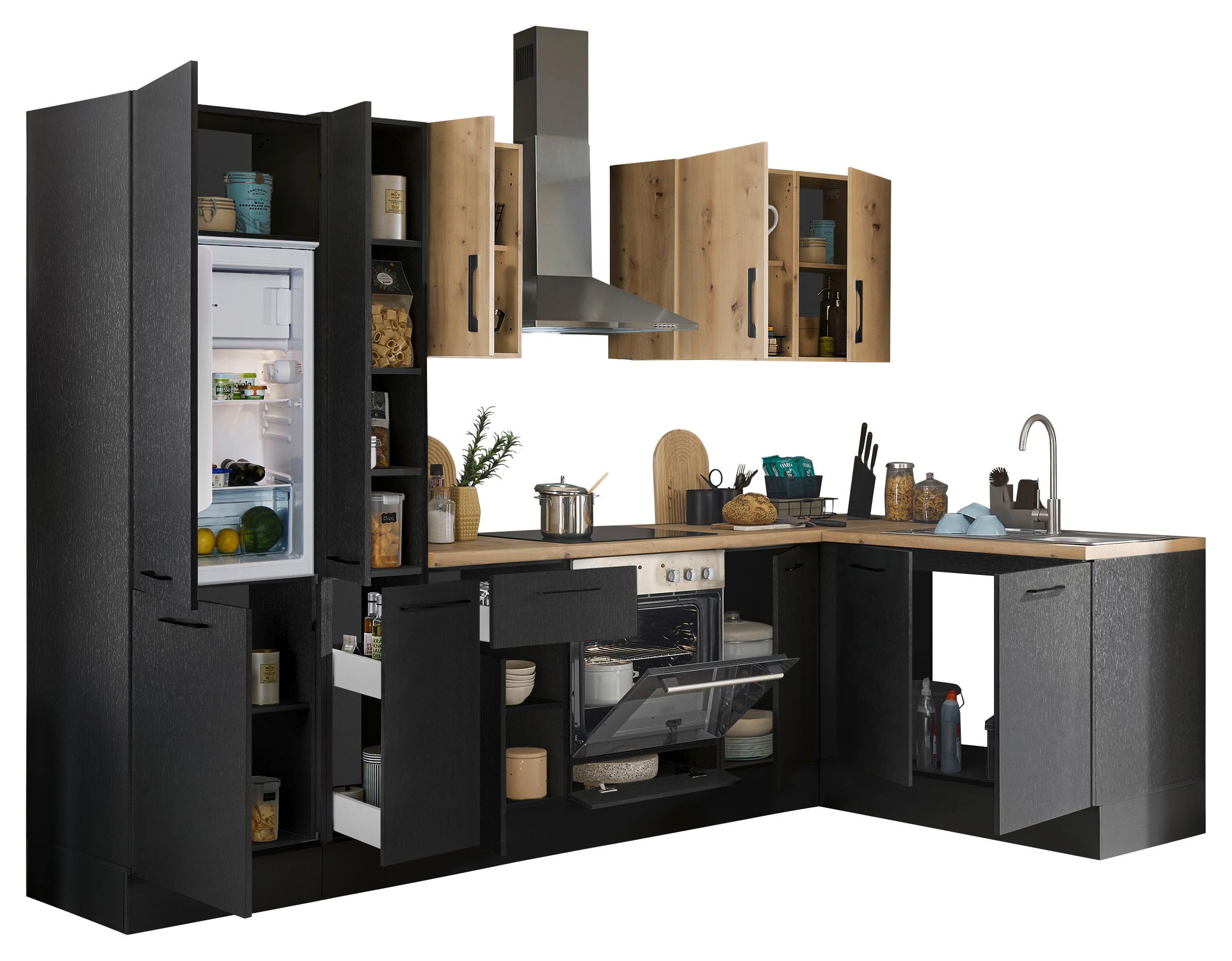 Eckküche Turin Schwarz/Eiche Dekor 300x165 cm - Schwarz/Eiche Artisan, Basics, Holzwerkstoff (300/165cm) - MID.YOU