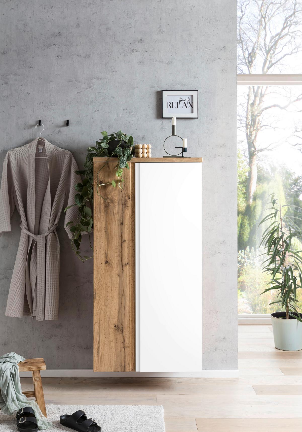 Midischrank Bad Varese B: 65 cm Weiß/Wotaneiche Dekor - Eiche Wotan/Weiß, MODERN, Holzwerkstoff (65/130/35cm) - Held