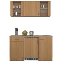 Miniküche mit Kühlschrank + Kochfeld 150 cm Creme/Buche - Beige/Buchefarben, MODERN, Glas/Holzwerkstoff (150cm) - FlexWell