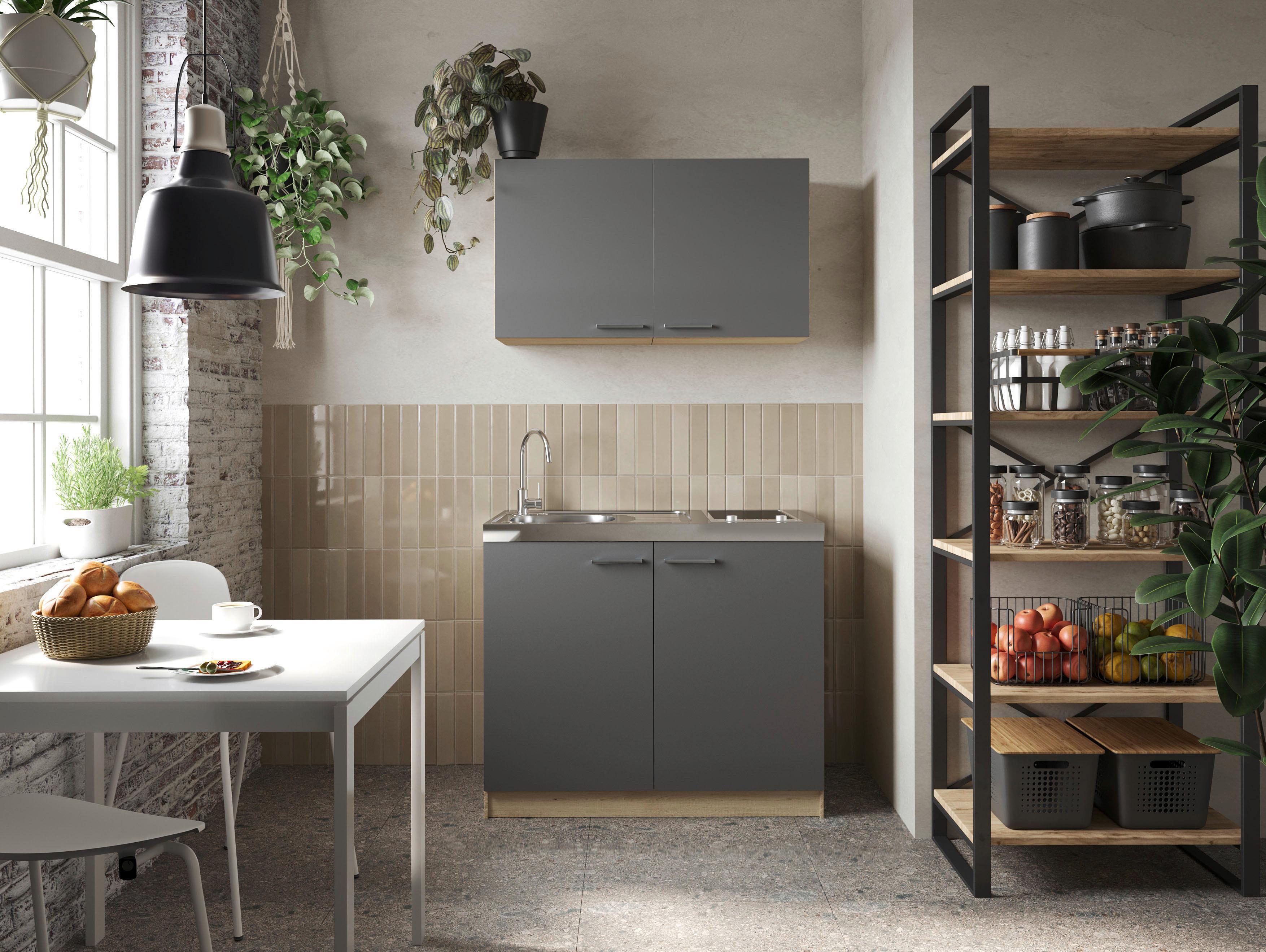 Miniküche Merle Grau/Eiche Dekor B:100cm - Eichefarben/Grau, Basics, Holzwerkstoff/Metall (100cm) - Respekta