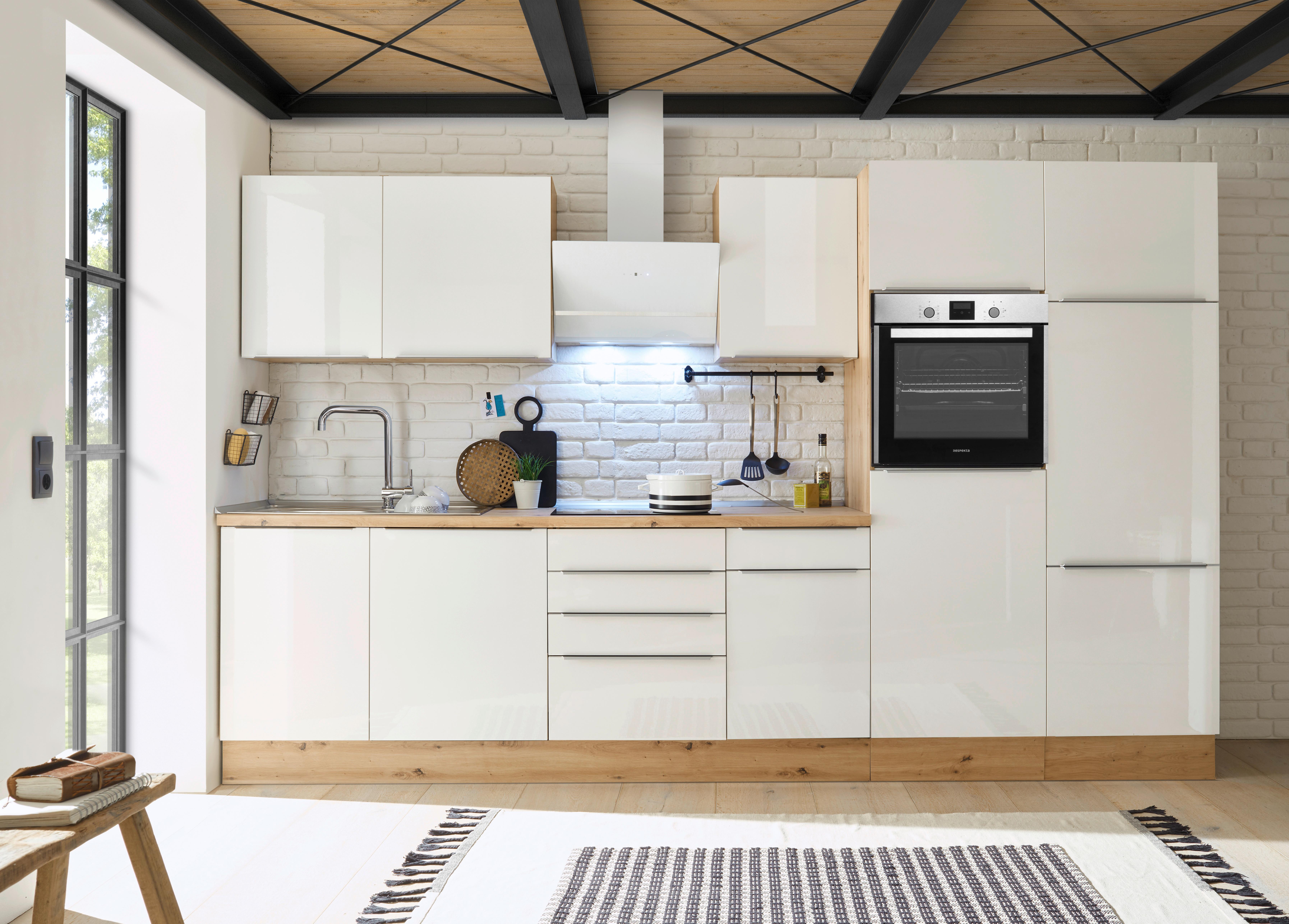 Küchenzeile Mit Geräten B: 340 Cm Weiß/eiche Dekor - Weiß Hochglanz/Eiche Artisan, LIFESTYLE, Holzwerkstoff (340cm) - Respekta