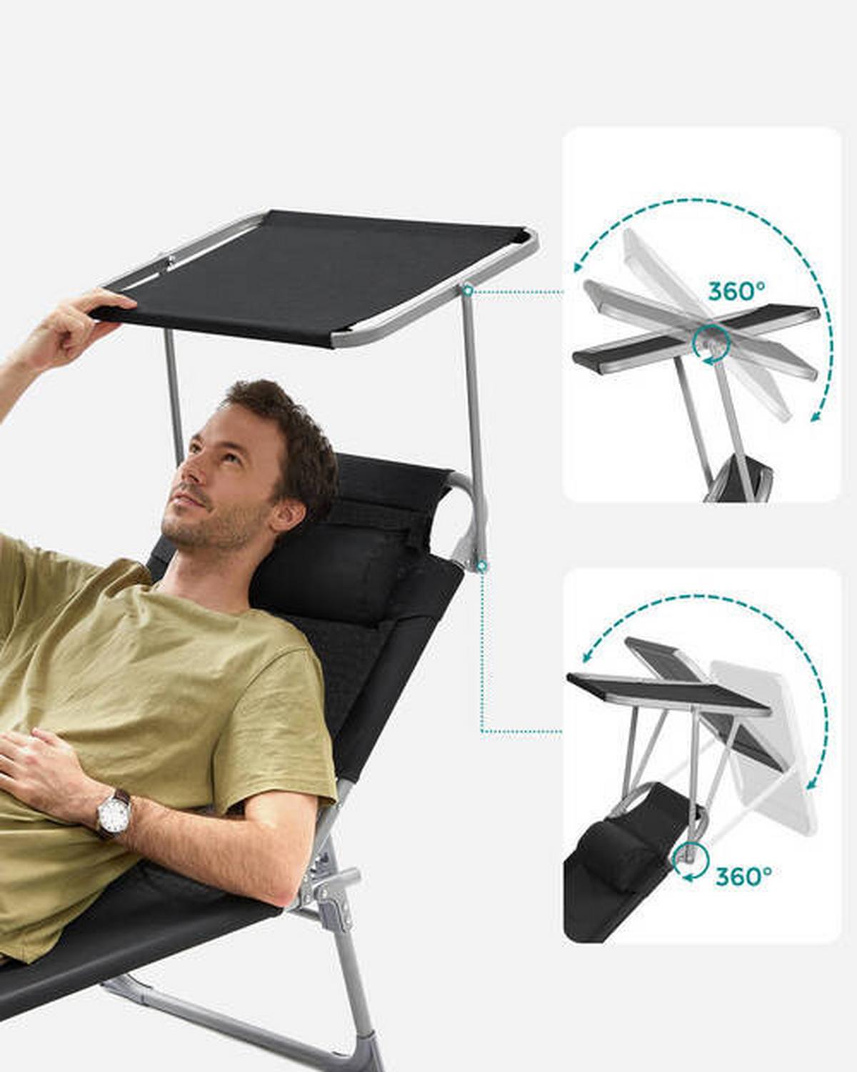 Sonnenliege Schwarz inkl. Sonnendach, B: 53 cm - Schwarz, Basics, Textil/Metall (53/29,5/193cm) - Modante