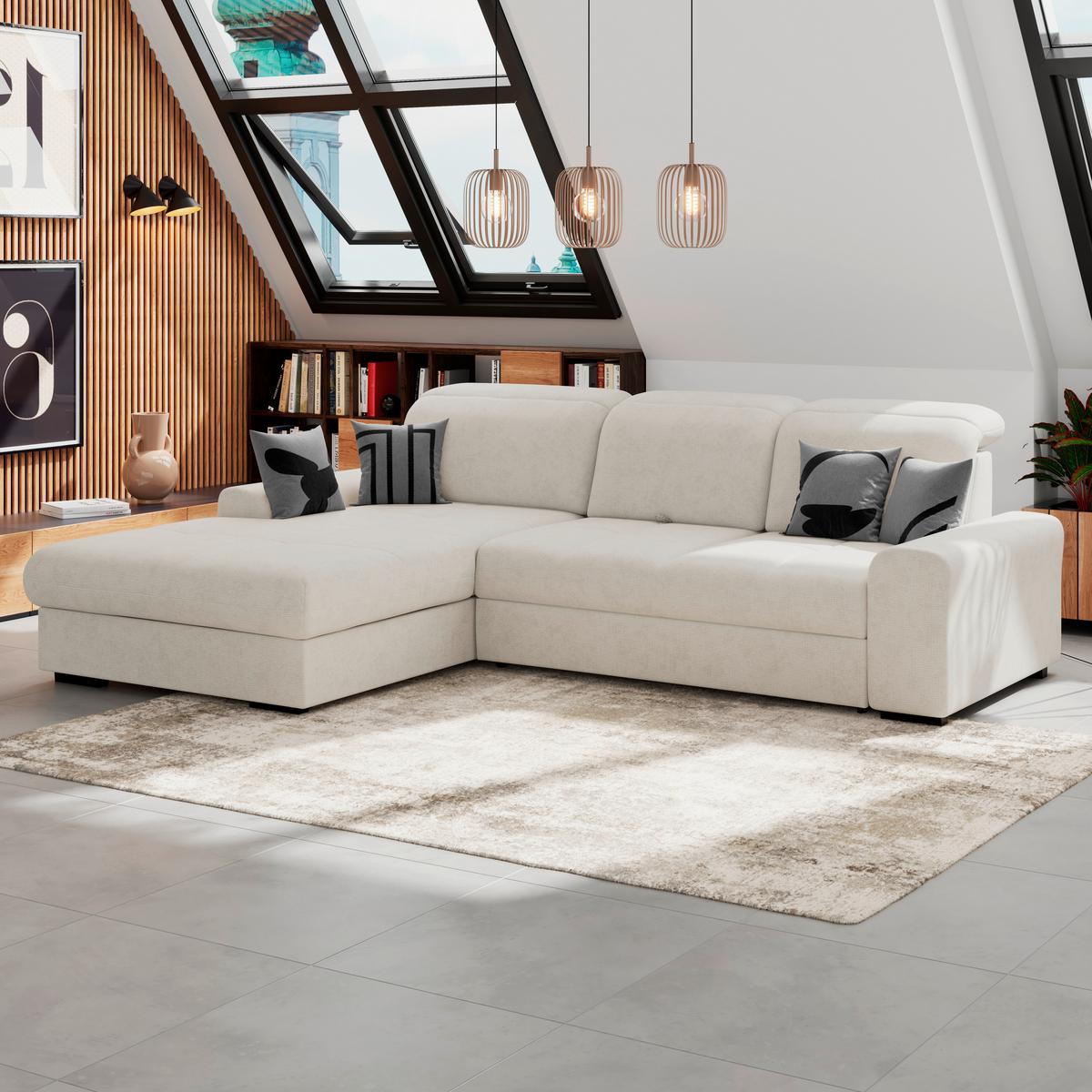 Ecksofa mit Bettfunktion Malaga new Chenille elfenbein - Elfenbein/Schwarz, KONVENTIONELL, Textil (203/286cm) - Ondega