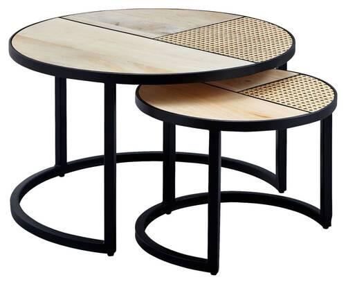 Sada okrúhlych konferenčných stolíkov WOHNLING - hnedá/čierna, Modern, kov/drevo (60/60/37cm) - MID.YOU
