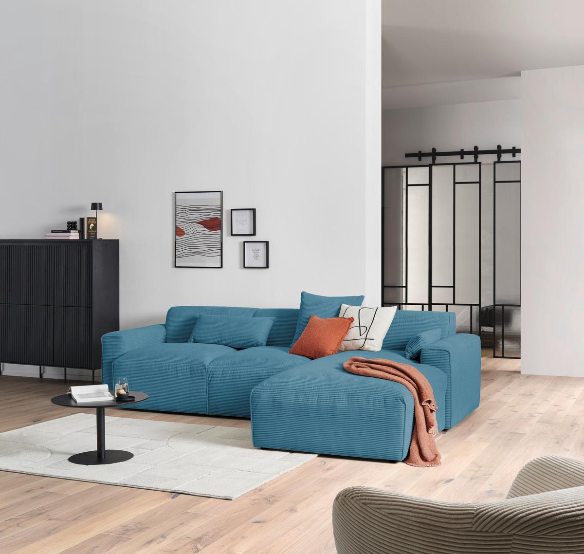 Ecksofa mit Zierkissen Pearl Hellblau 303x196 cm - Schwarz/Hellblau, Design, Textil (303/196cm) - Livetastic