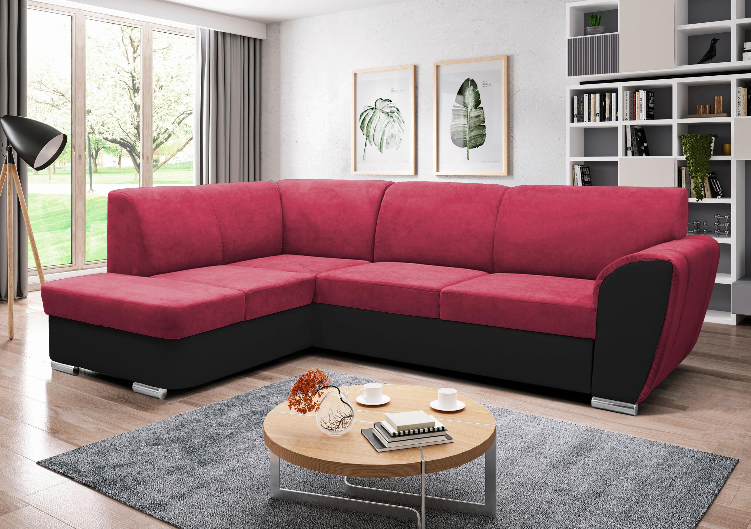 Ecksofa Mit  Bettkasten Doris Rücken Echt Rot/schwarz - Silberfarben/Rot, Design, Textil (196/255cm) - MID.YOU