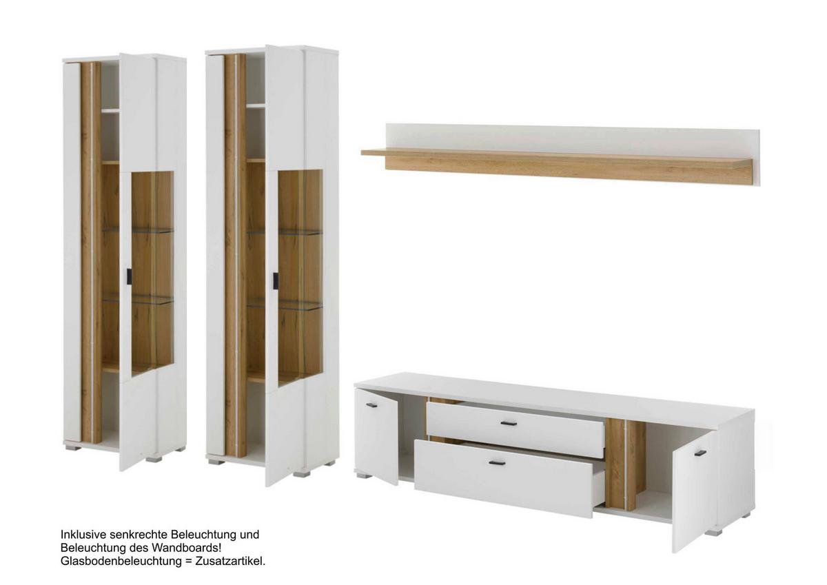 Wohnwand Long Island Weiß/Eiche Wotan B: 330cm - Silberfarben/Eiche Wotan, Design, Glas/Holzwerkstoff (330/200/42cm) - MID.YOU