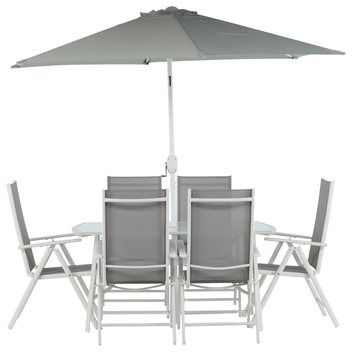 Gartentischgruppe 8-tlg Brekki Aus Aluminium Mit Schirm - Weiß, KONVENTIONELL, Glas/Metall - Gardenson