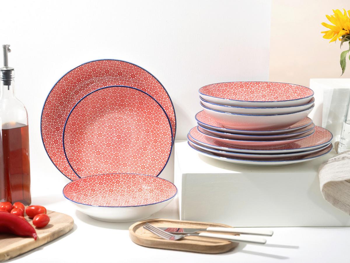 Tafelservice Keramik, Rot/Weiß, 12--Teilig. - Rot/Weiß, Basics, Keramik - Creatable