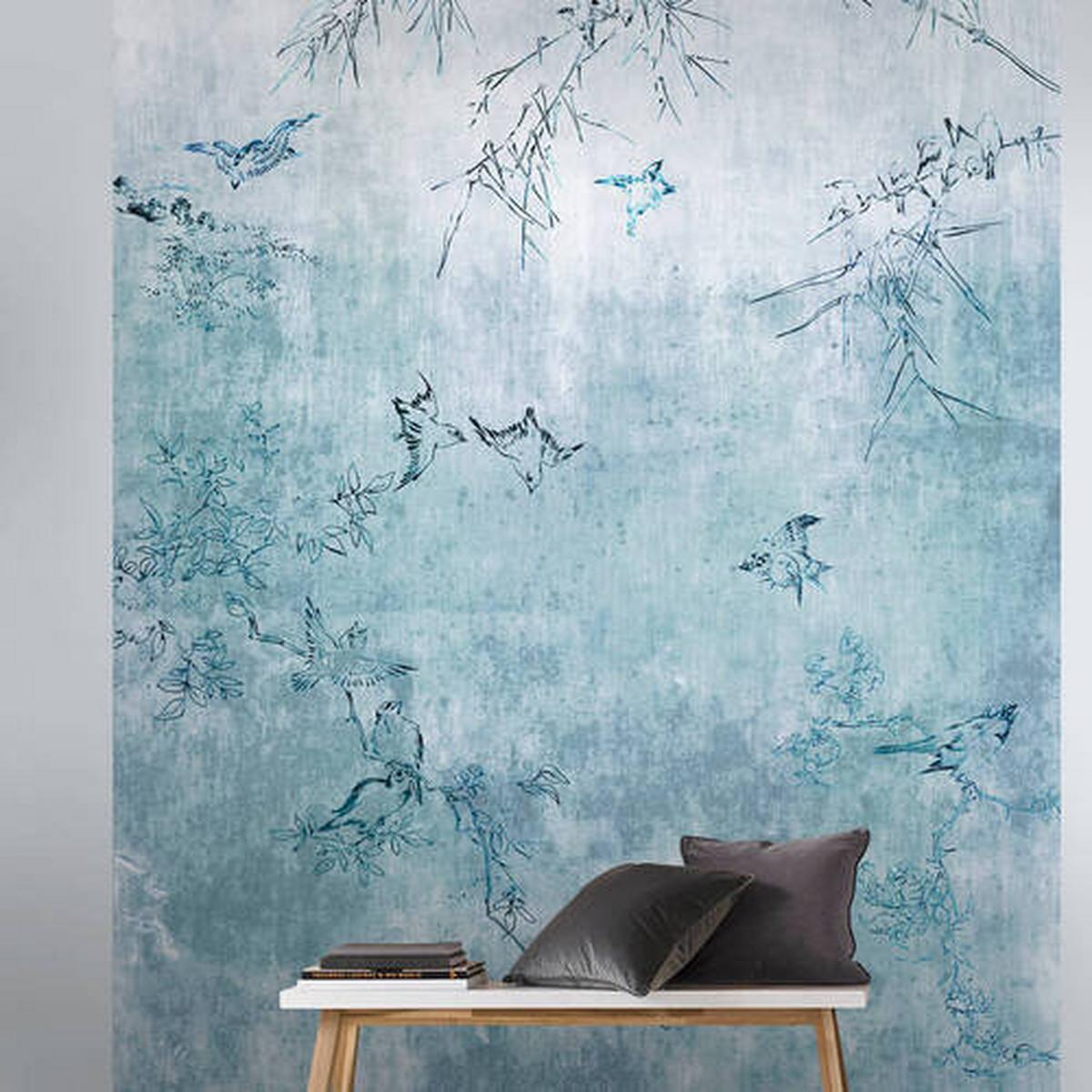 Fototapete Japanische Vögel - Blau/Weiß, Basics, Papier/Kunststoff (186/280cm)