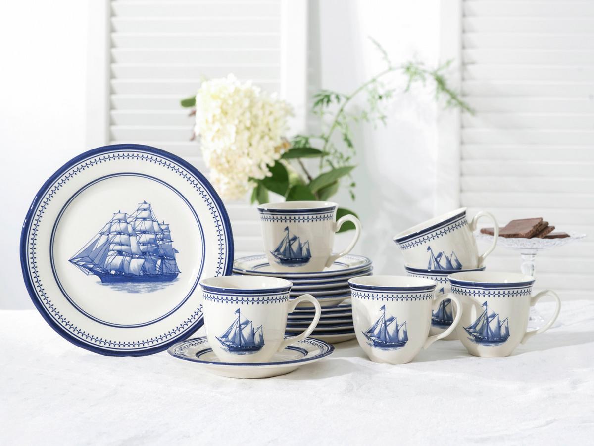 Kaffeeservice Blau/Weiß Steingut, 6 Pers., 18-teilig - Blau/Weiß, Basics, Keramik - Creatable