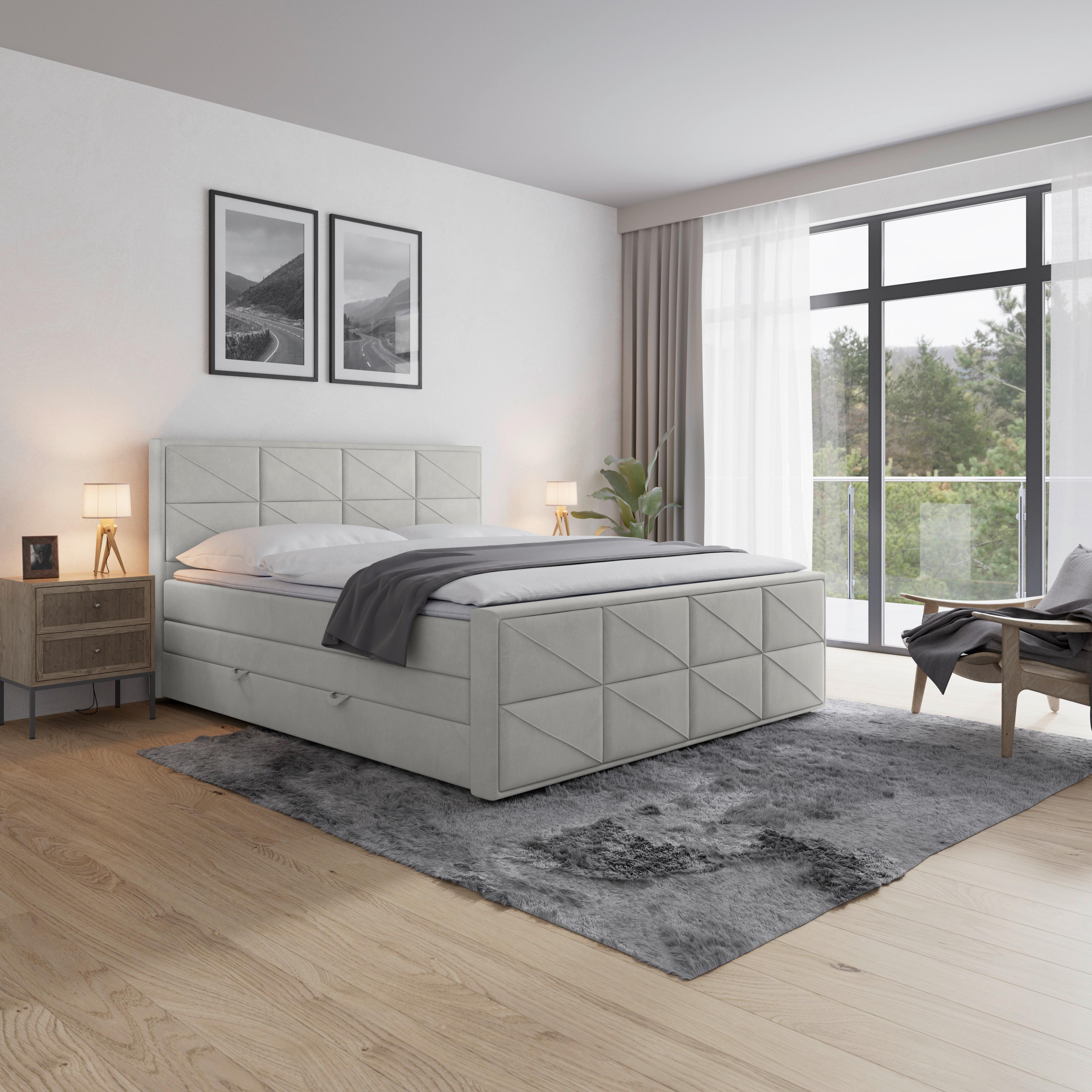 Boxspringbett mit Bettkasten Helsinki 180x200 cm Hellgrau - Hellgrau/Schwarz, MODERN, Karton/Holzwerkstoff (180/200cm) - MID.YOU
