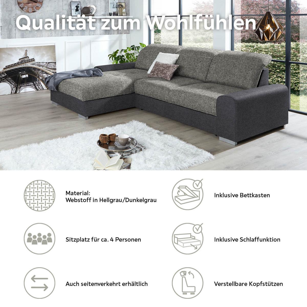 Ecksofa mit Schlaffunktion + Bettkasten Malaga, Webstoff - Dunkelgrau/Silberfarben, KONVENTIONELL, Textil (203/286cm) - Ondega