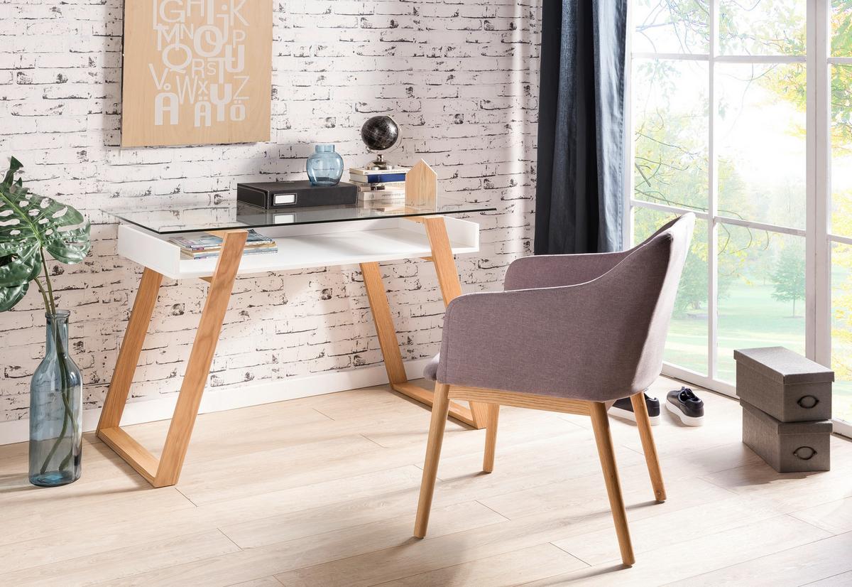 Schreibtisch Weiß/Eiche Dekor L: 110cm - Eichefarben/Naturfarben, MODERN, Glas/Holz (110/55/75cm) - Livetastic