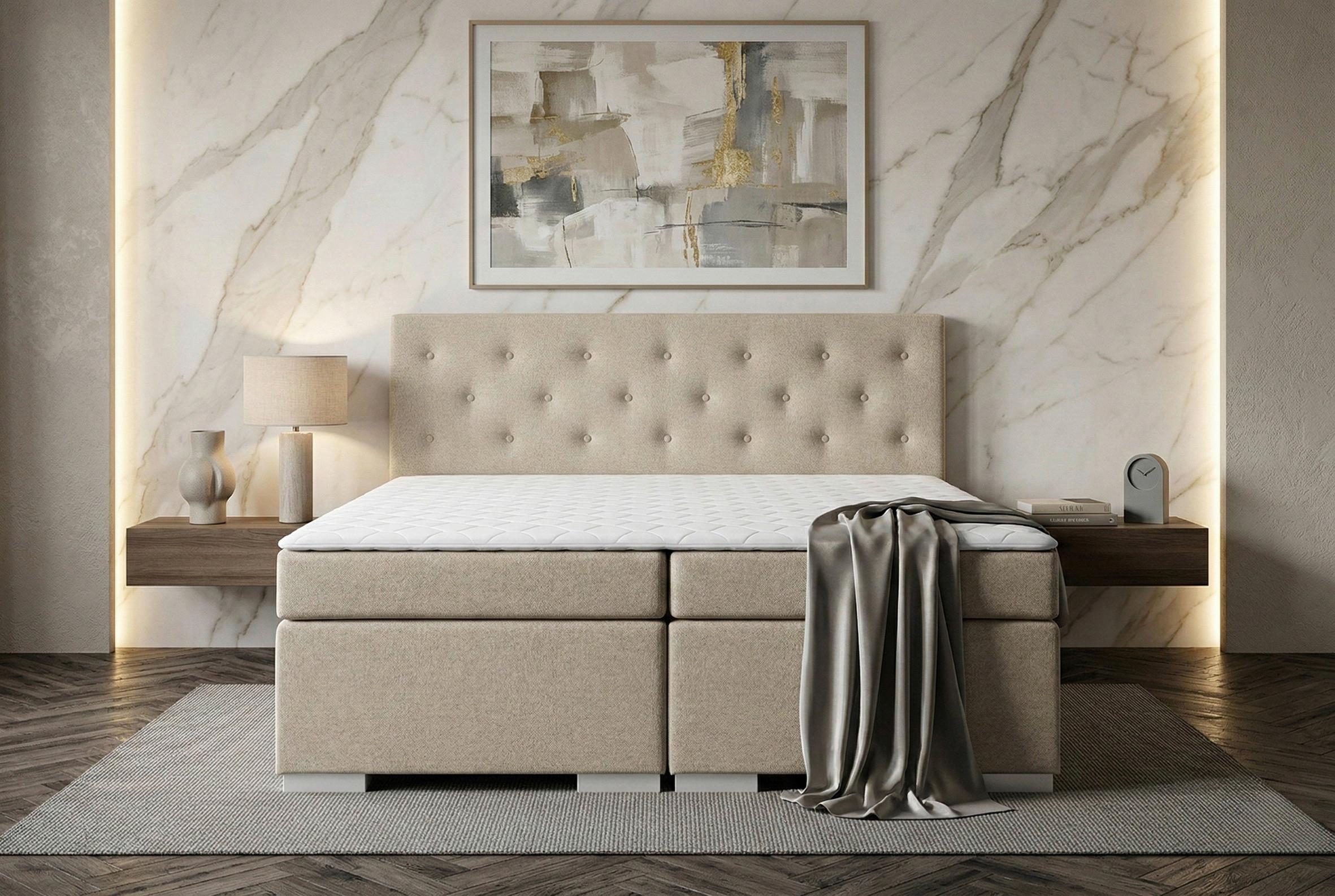 Boxspringbett mit Topper 180x200 Korfu - Chromfarben/Beige, Basics, Holzwerkstoff/Textil (180/200cm) - MID.YOU