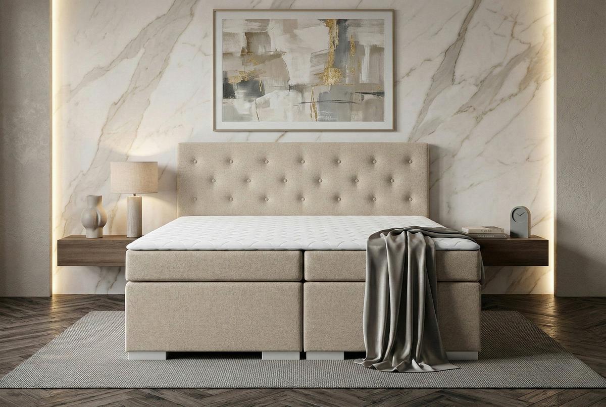 Boxspringbett mit Topper 180x200 Korfu - Chromfarben/Beige, Basics, Holzwerkstoff/Textil (180/200cm) - MID.YOU
