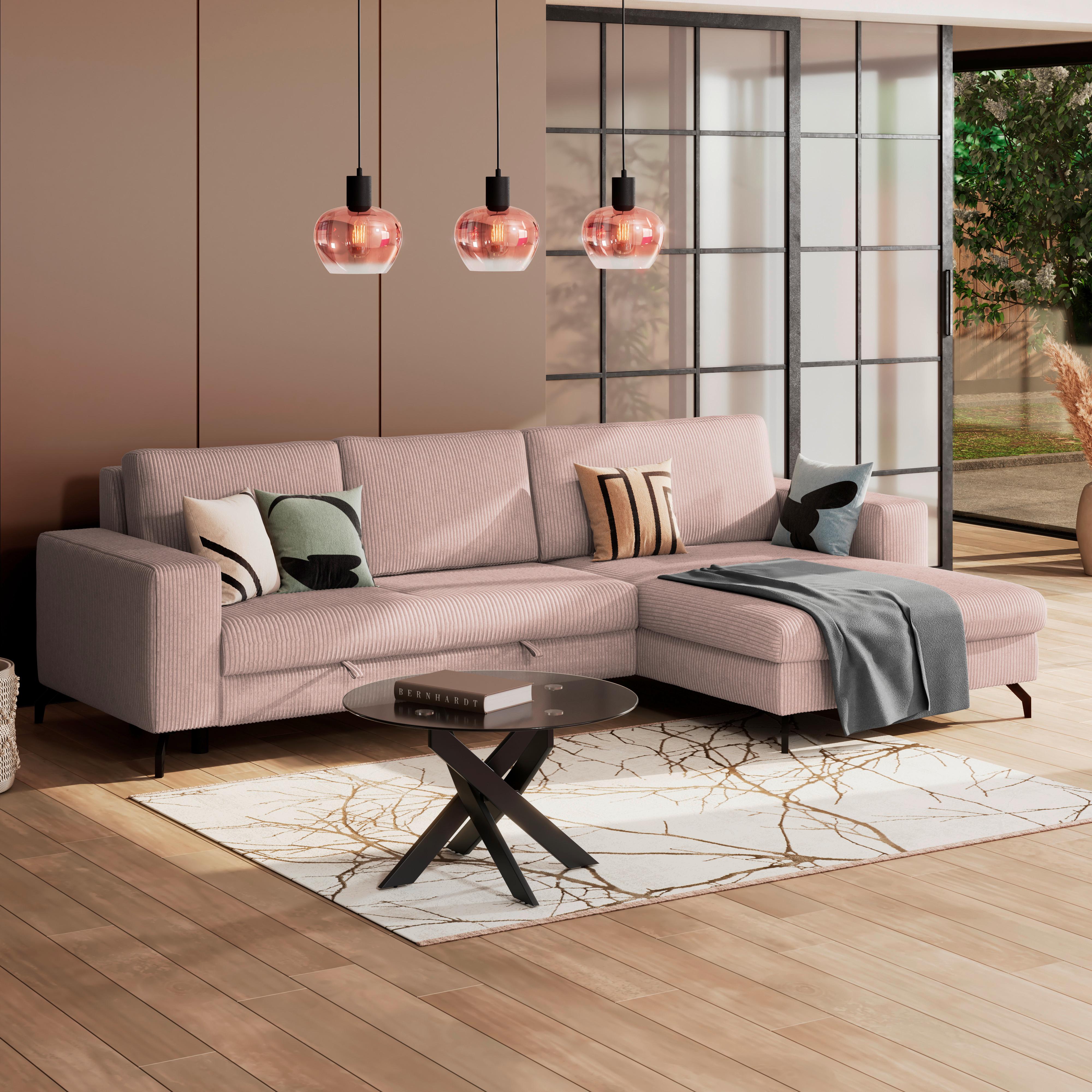 Ecksofa mit Bettkasten Cloud Rosa Cord 290x178 cm - Rosa, Trend, Textil (290/178cm)