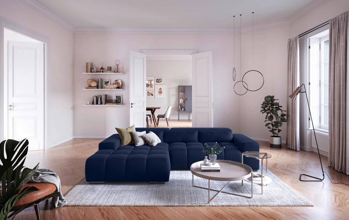 Ecksofa Mit Relaxfunktion Orion Kopfstütze Klappbar Dunkelblau - Silberfarben/Dunkelblau, KONVENTIONELL, Textil (186/307cm) - Livetastic