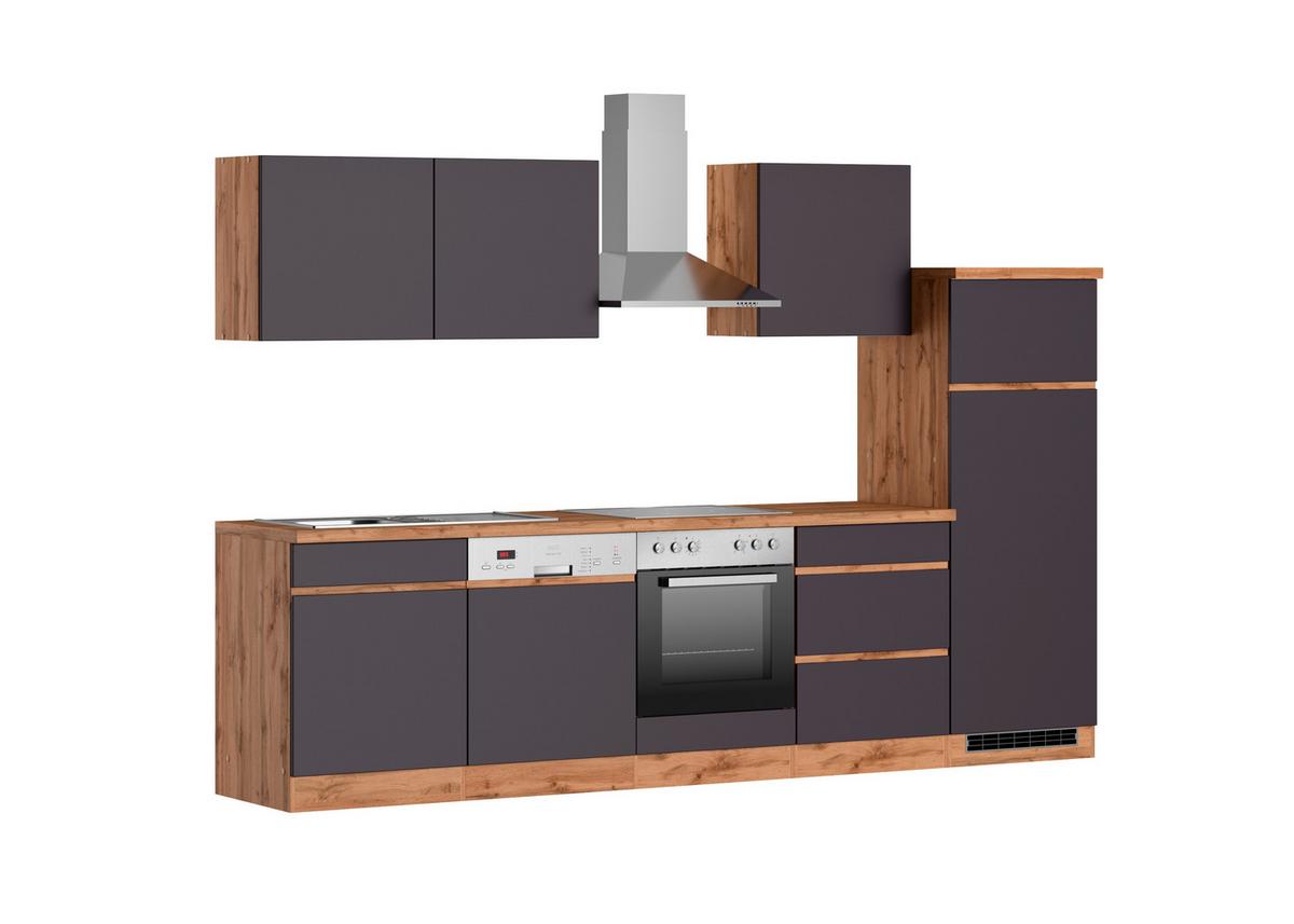 Küchenzeile Turin mit Geräten B: 300cm Grau/Wotaneiche Dekor - Eiche Wotan/Grau, Design, Holzwerkstoff (300cm) - Held