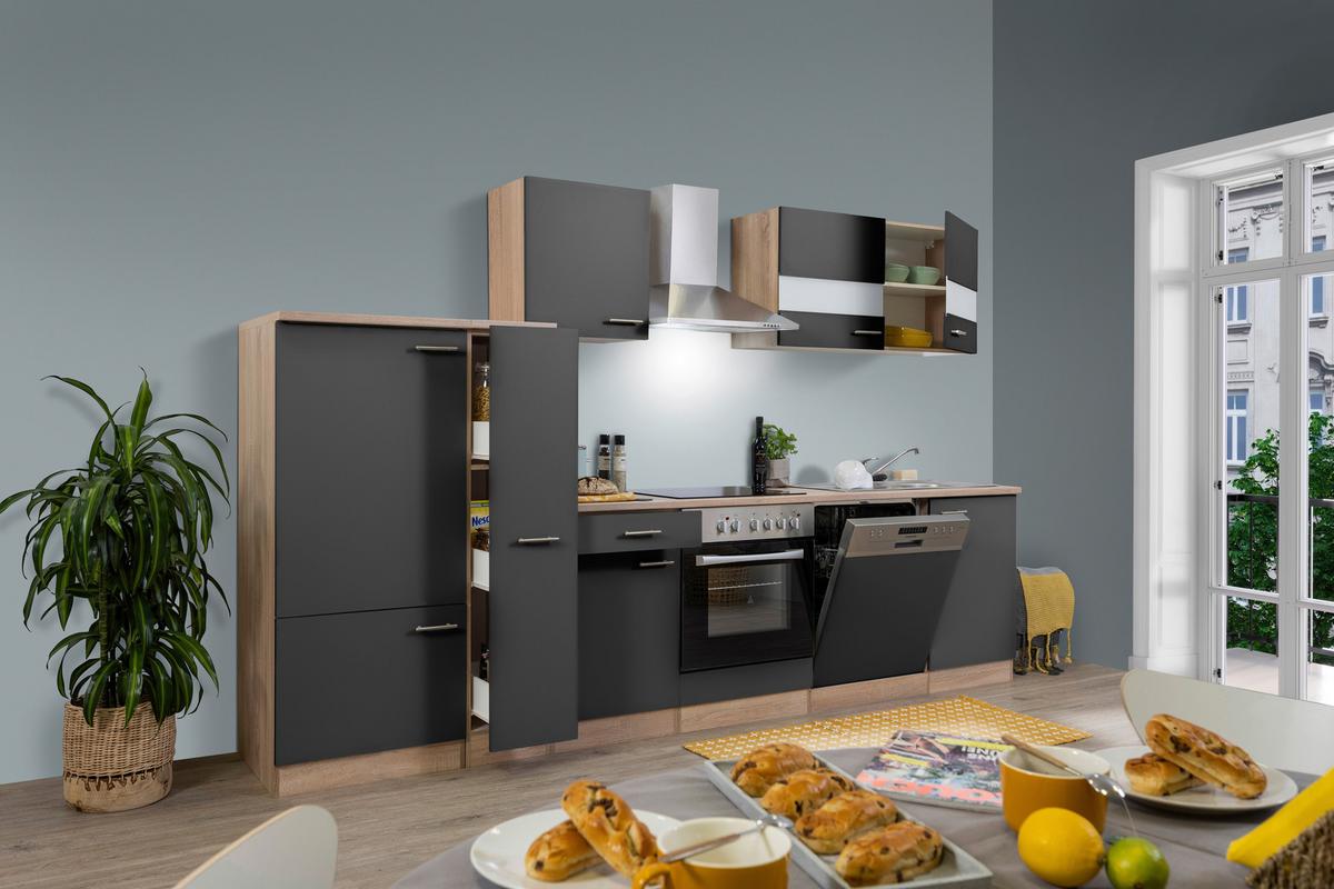 Küchenzeile ohne Geräte B: 310 cm Grau/Eiche Dekor - Eichefarben/Grau, Basics, Holzwerkstoff (310cm) - Respekta