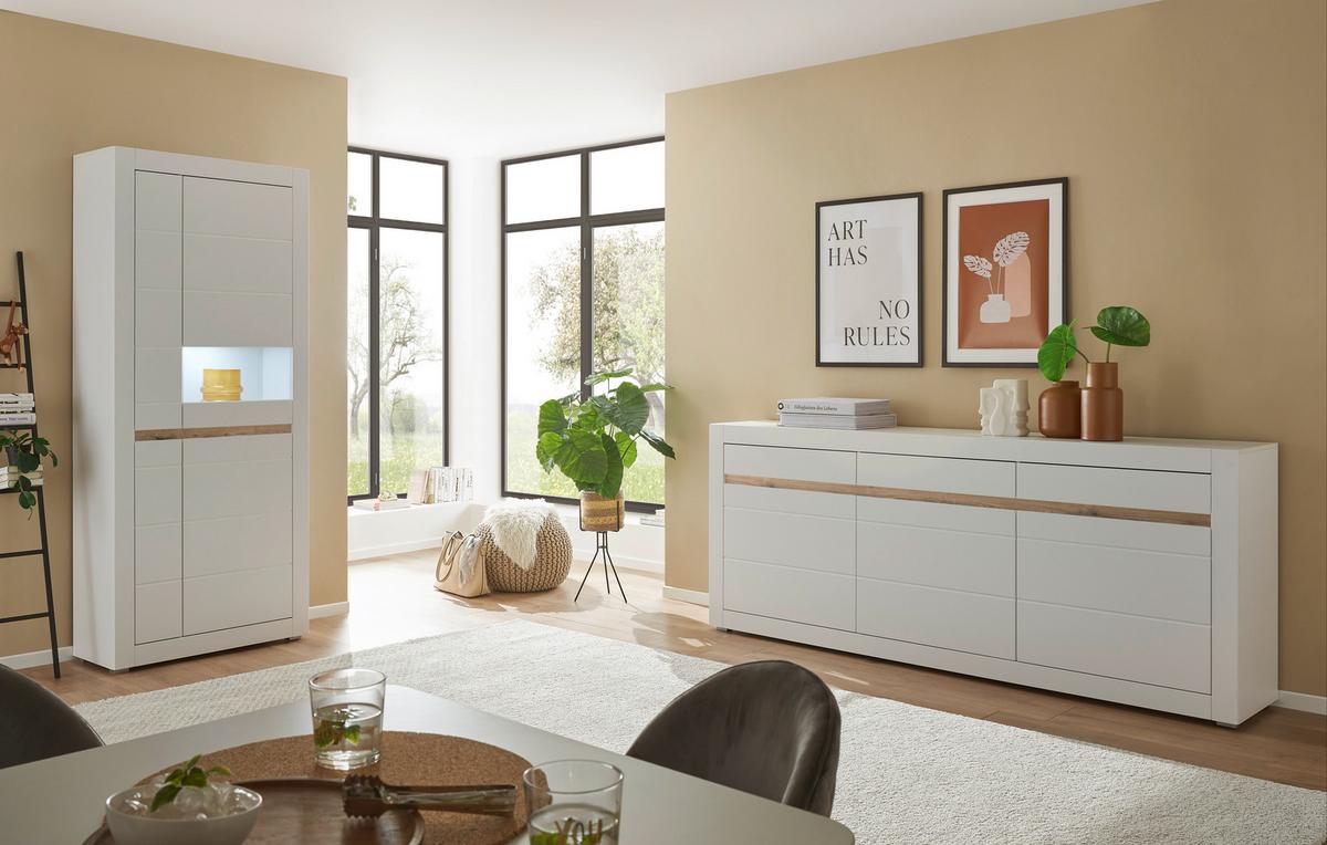 Sideboard Chester Weiß/Eichefarben B: 217cm - Eichefarben/Silberfarben, Design, Holzwerkstoff (217/90/42cm) - MID.YOU
