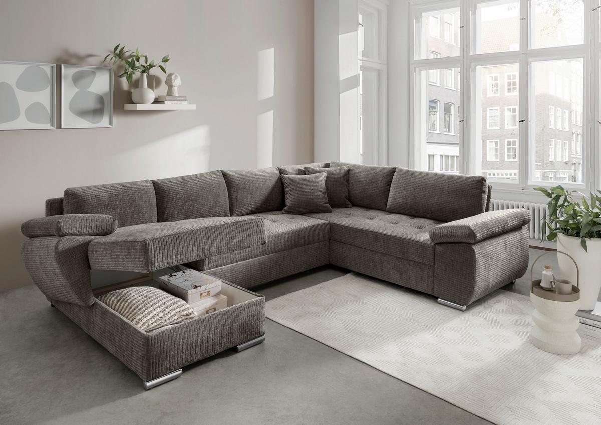 Wohnlandschaft Terana Graubr. mit Schlaffunktion, Mikrofaser - Chromfarben/Graubraun, KONVENTIONELL, Textil (157/305/219cm) - Livetastic