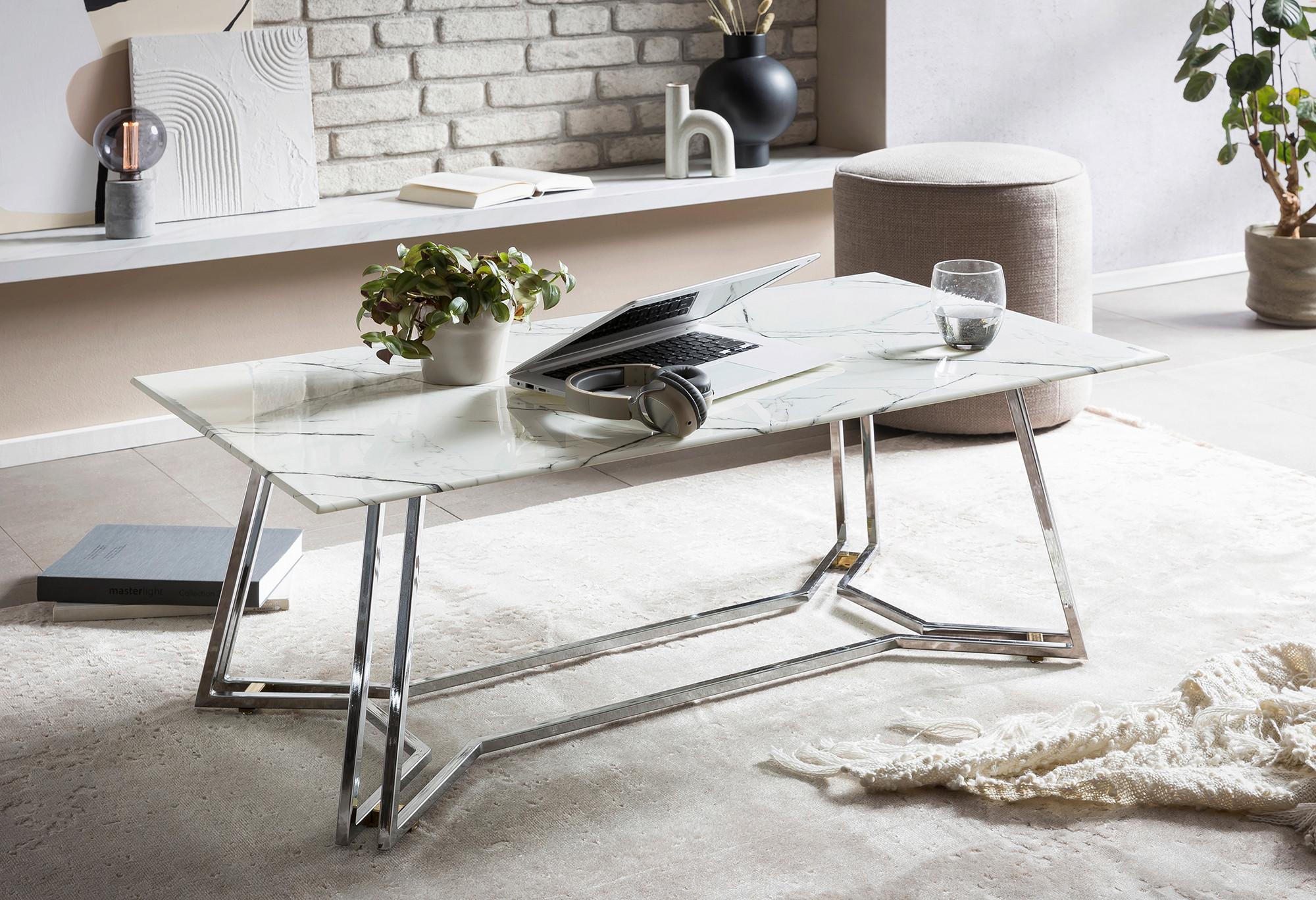 Couchtisch Weiß, Chromfarben L: 110 cm - Chromfarben/Weiß, Design, Glas/Metall (110/60/40cm) - Livetastic