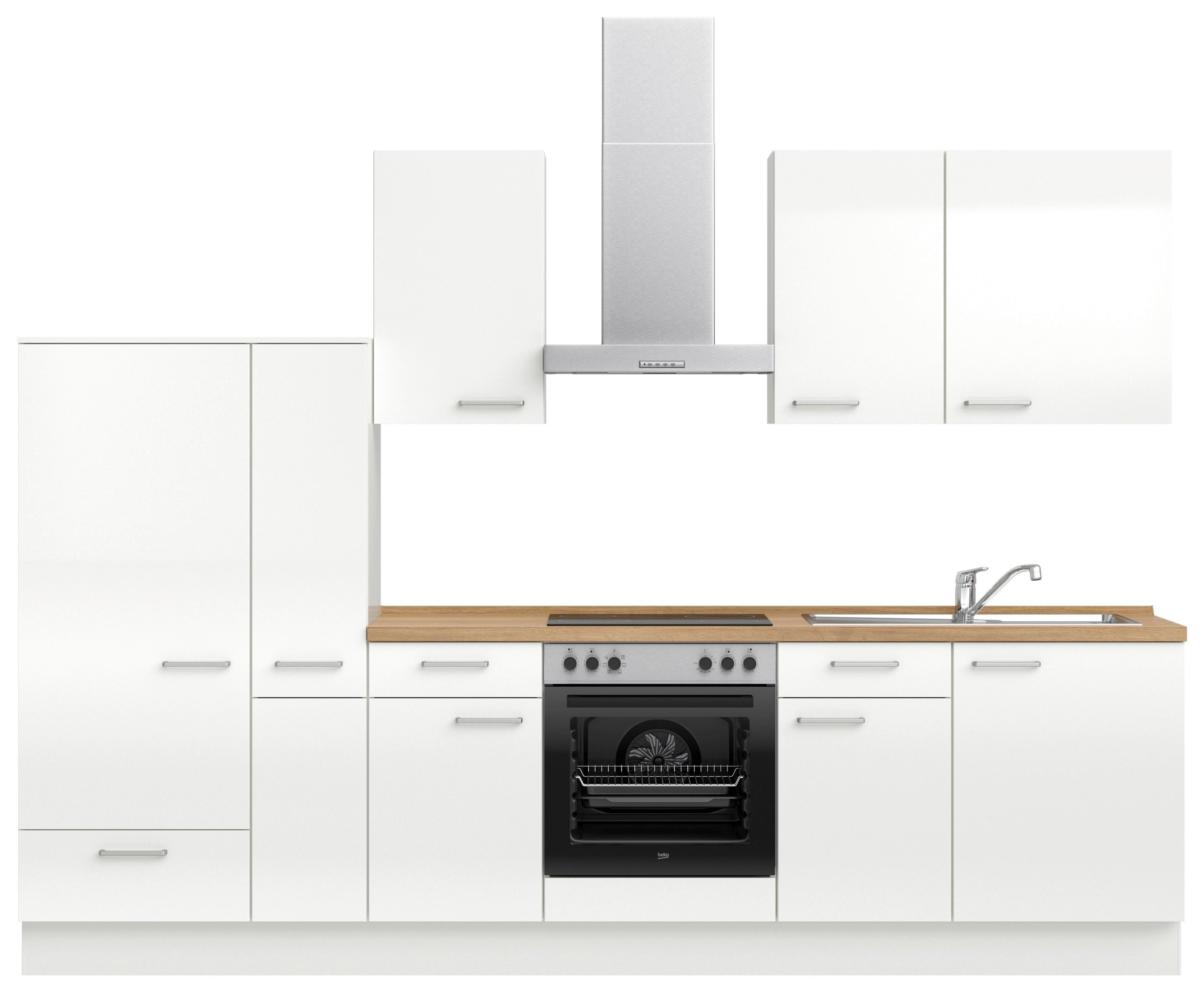 Kuchyňská linka 300 cm, alpská bílá vysoký lesk - barvy dubu/vysoce lesklá bílá, Moderní, kov/kompozitní dřevo (300cm) - Nobilia