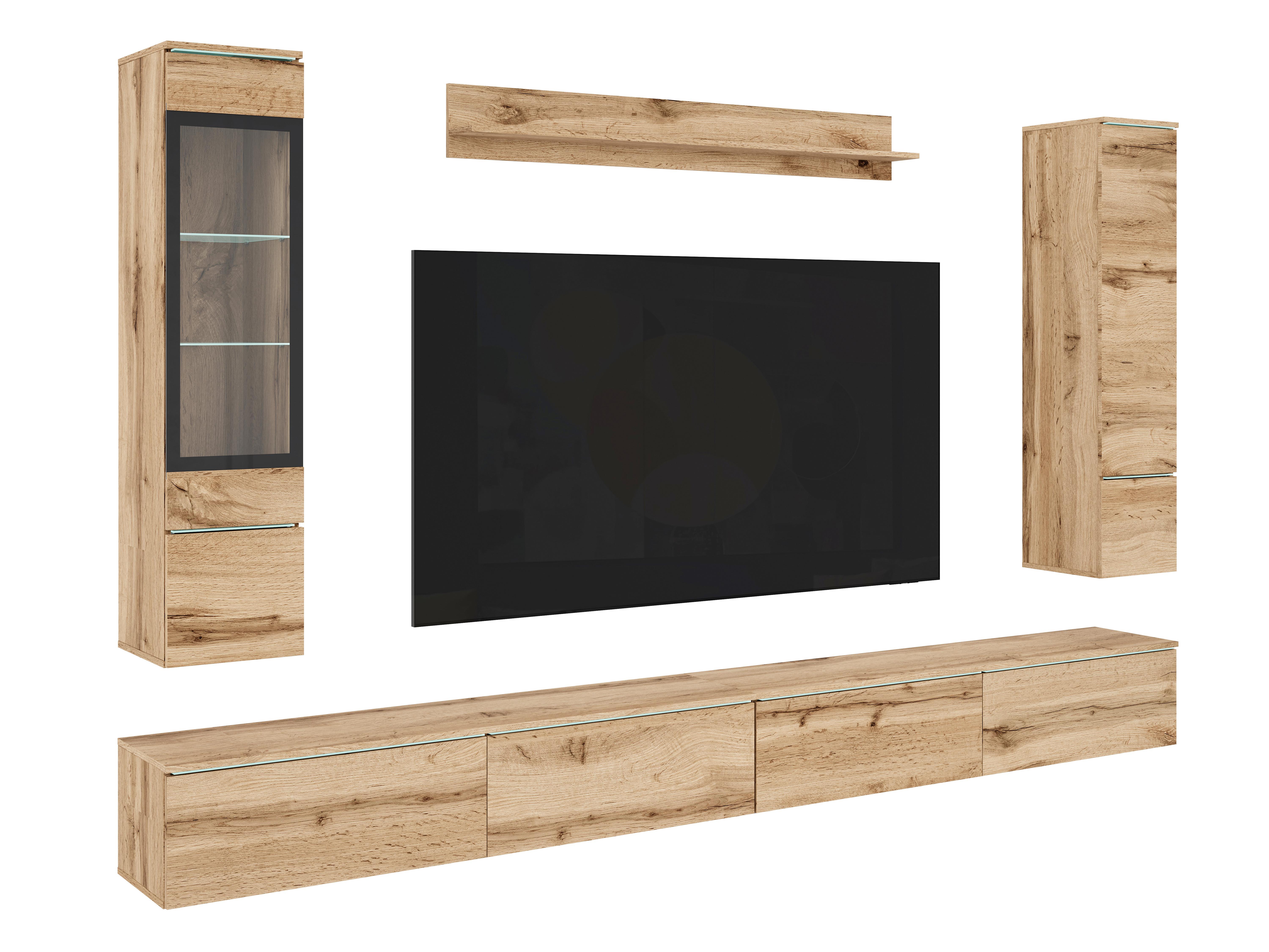 Wohnwand Vera Xxl Eiche Wotan B: 300cm - Eiche Wotan/Grau, Basics, Glas/Holzwerkstoff (300/162/33cm) - P & B