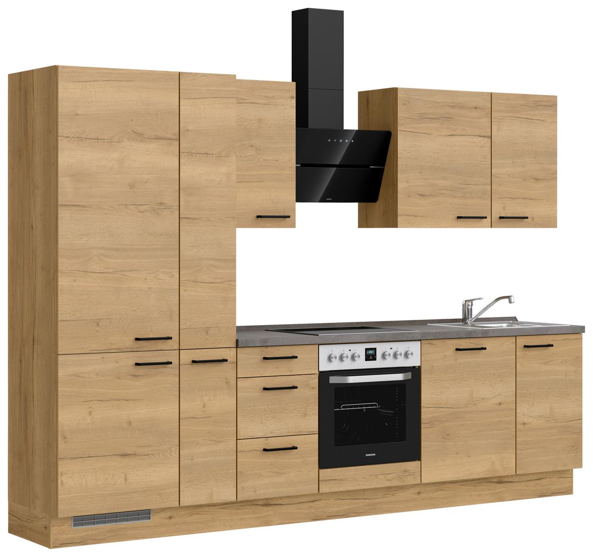 Kuchynská linka 300 cm, dub Sierra - čierna/farba duba, Modern, kov/kompozitné drevo (300cm) - Nobilia