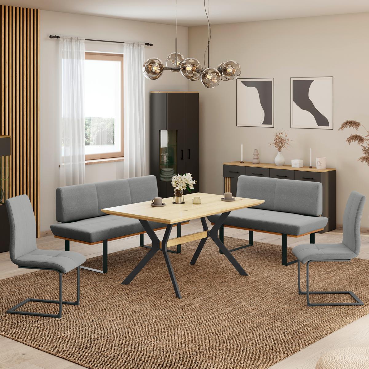 Sitzbank Tristan Webstoff grau, B: 170cm - Schwarz/Grau, MODERN, Holz/Textil (170/48/90cm) - James Wood