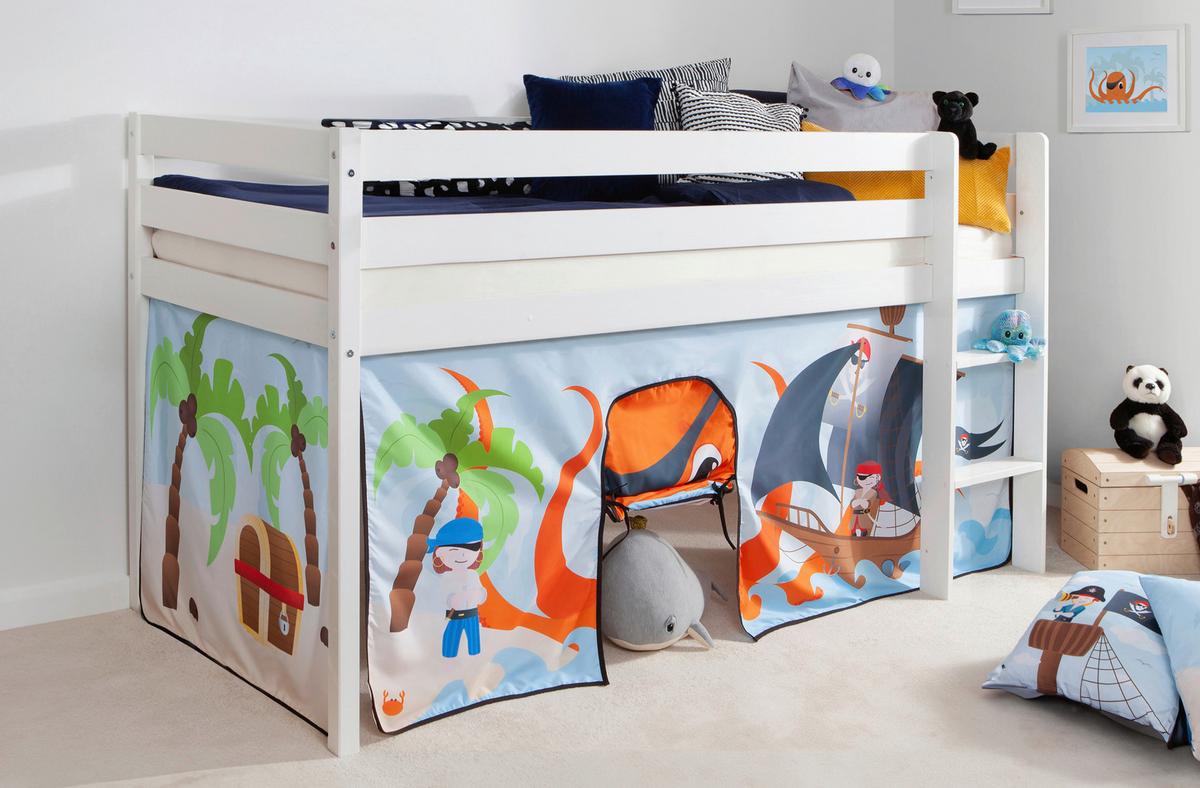 Hochbett Malte Weiß inkl. Rollrost, Matratze, 90x200 cm - Weiß/Naturfarben, Natur, Holz/Textil (90/200cm) - MID.YOU