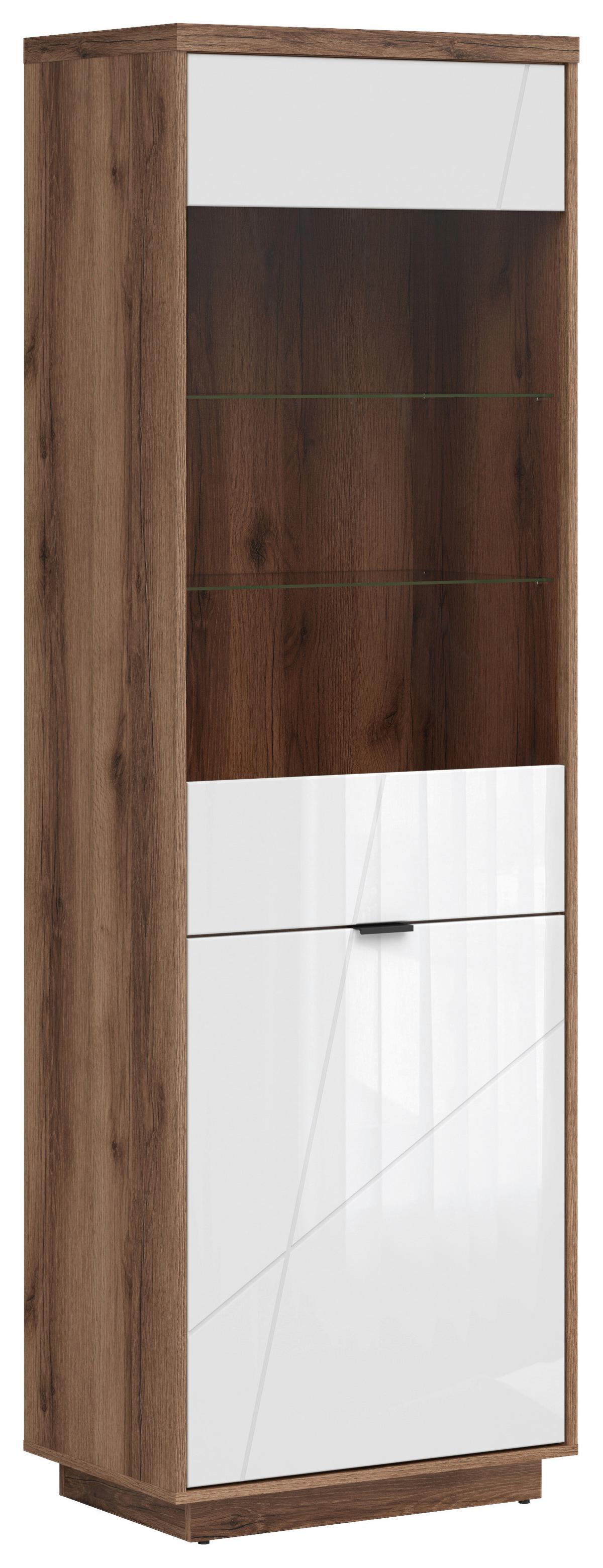 Vitrine Forn Glass-Door Cabinet - Weiß Hochglanz/Eichefarben, Design, Glas/Holzwerkstoff (64/200,5/42,5cm)