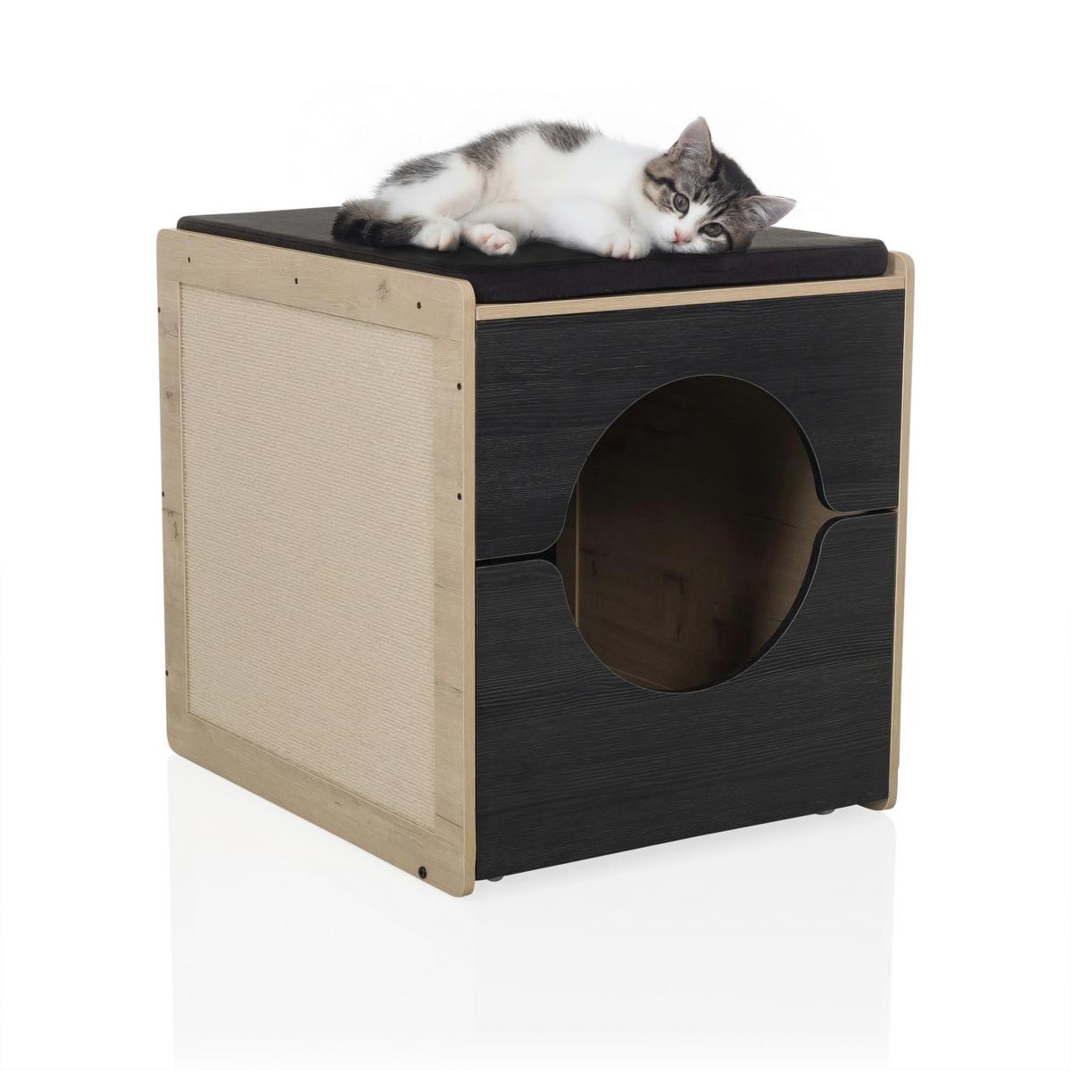 Tierhaus Kitty Pawbox Schwarz/Eiche Dekor B: 60cm - Eiche dunkel/Schwarz, MODERN, Holzwerkstoff (60/55/50cm) - MID.YOU