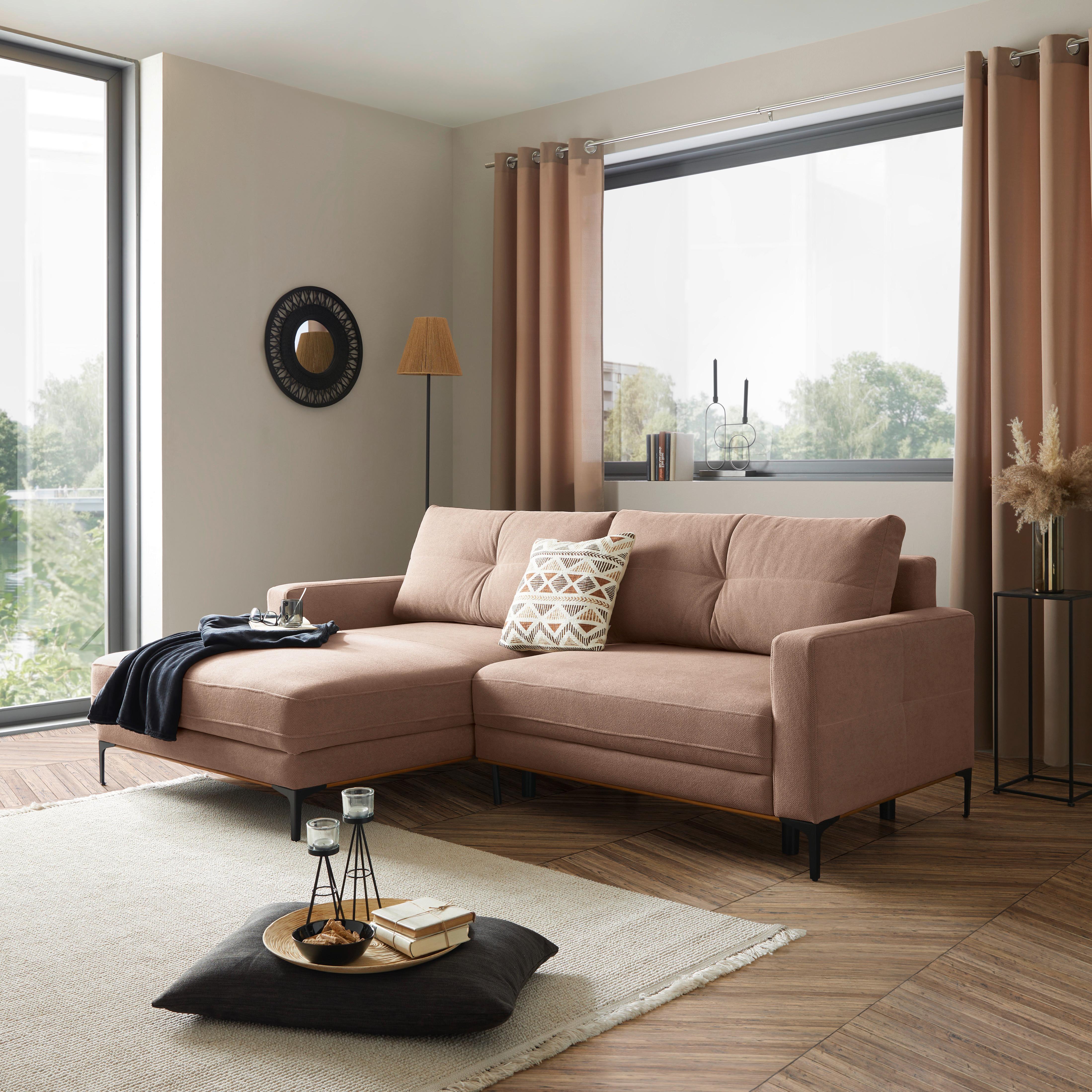 Ecksofa Bergamo - Schwarz/Rosa, MODERN, Textil (162/238cm) - Ondega