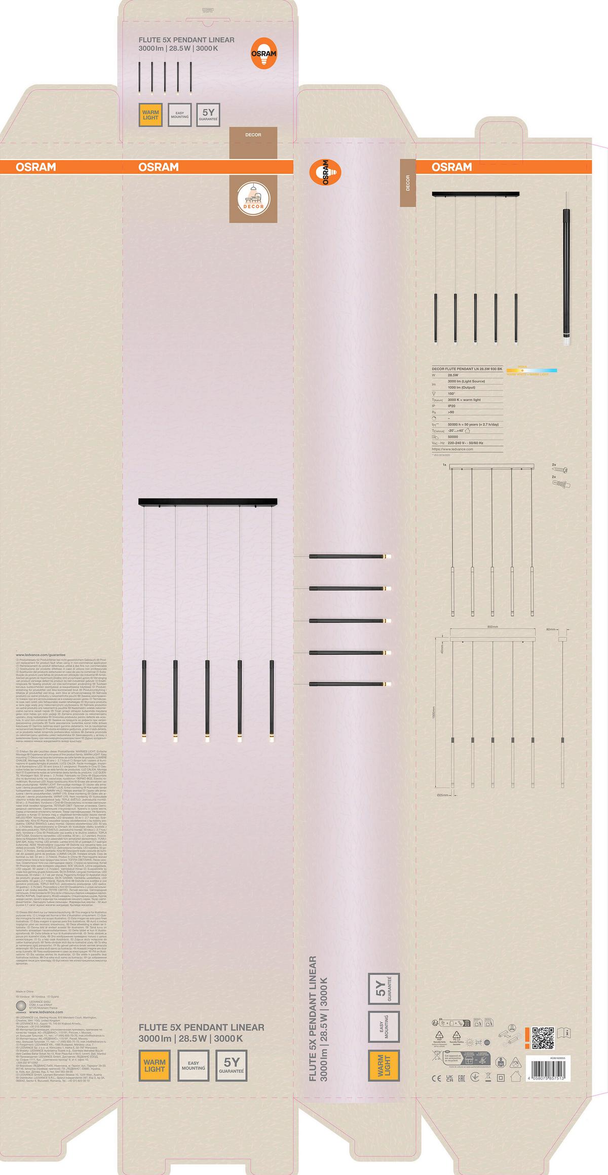 LED-PENDELLEUCHTE 28,5W, LED - Schwarz, Design, Kunststoff/Metall (85/8/150cm) - Osram